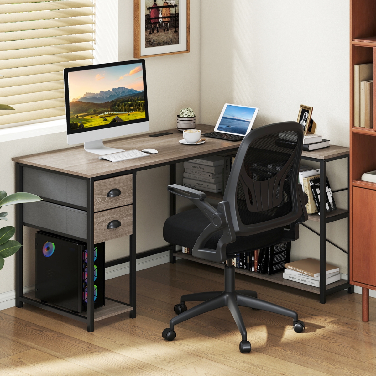 CB11178US-OA L Shaped Desk with Charging Station Corner Computer Desk with 2 Fabric Drawers - Oak