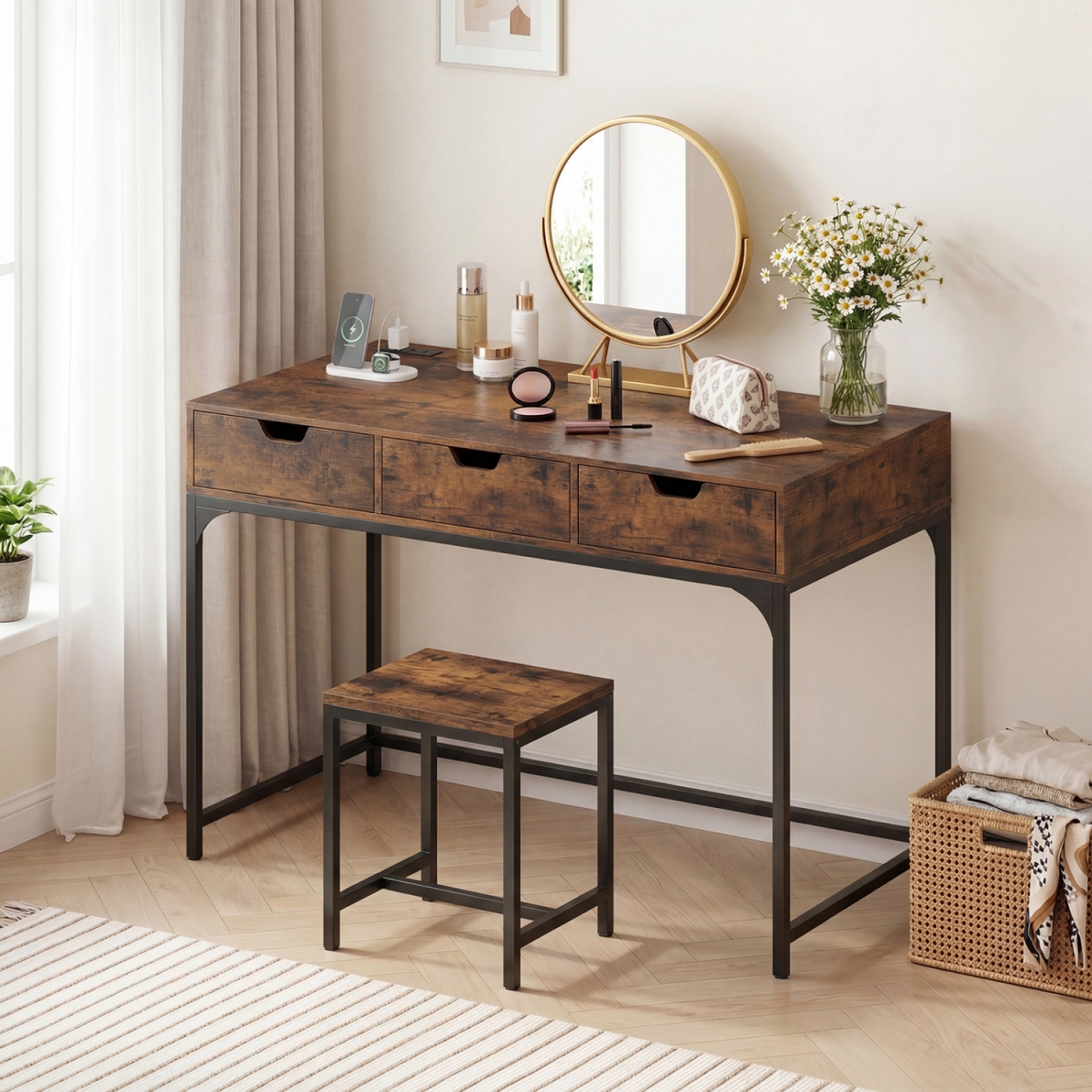 CB11180US-CF Office Desk with Power Outlets & Hidden Compartment for Study - Rustic Brown
