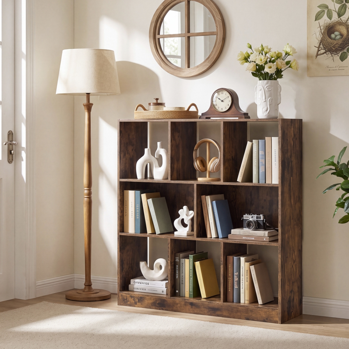 CB11227CF 8-Cube Bookcase 3-Tier with 2-Sized Compartments & Anti-Tip Kits for Living Room - Rustic Brown