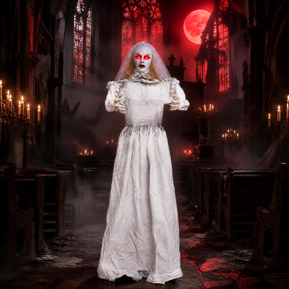 CM25542 5.7 ft. Animated Halloween Ghost Bride Decoration with Turning Head - White