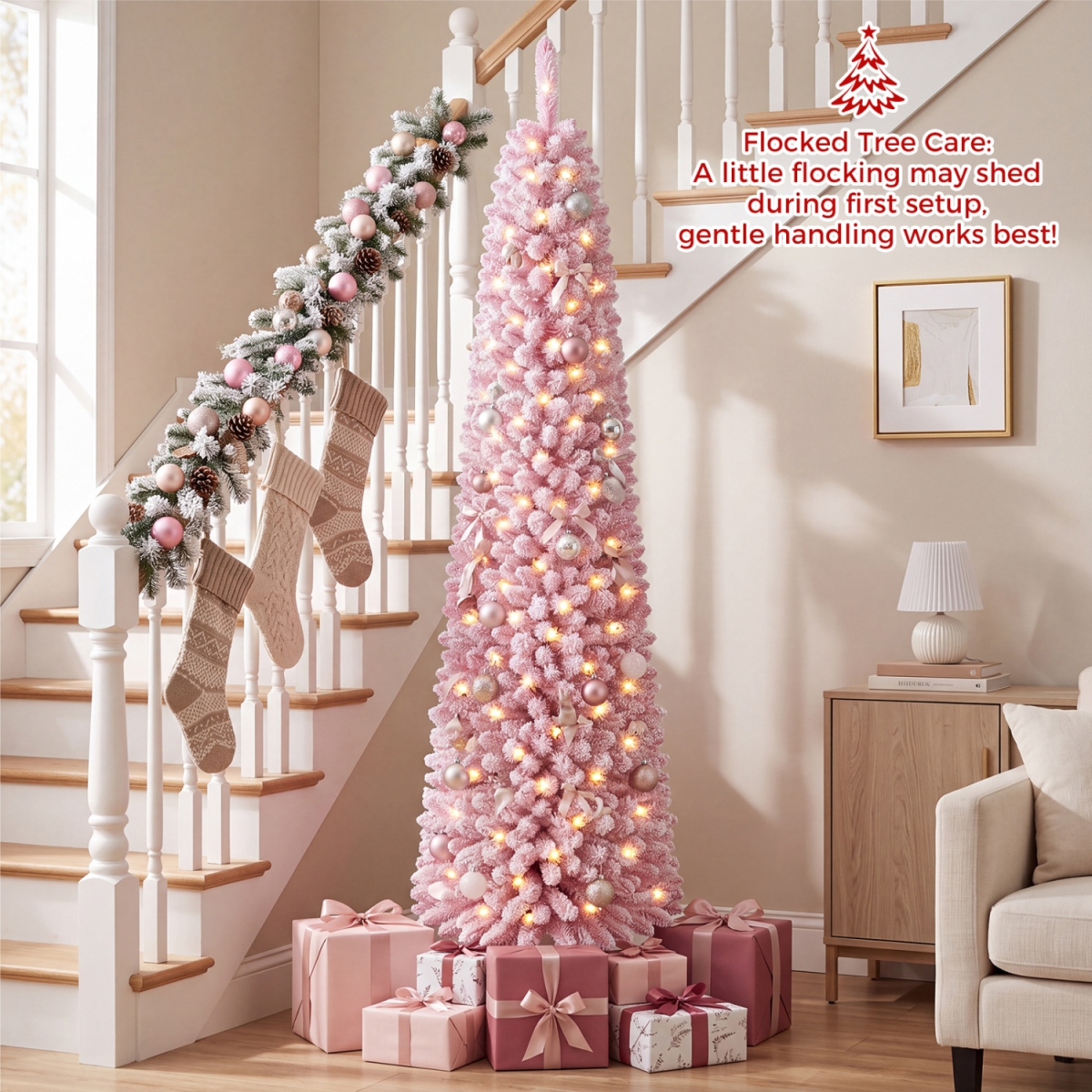 CM25588US-7 Flocked Pencil Christmas Tree with 8 Modes Pre-Lit Artificial Fir - Pink - 7 ft.