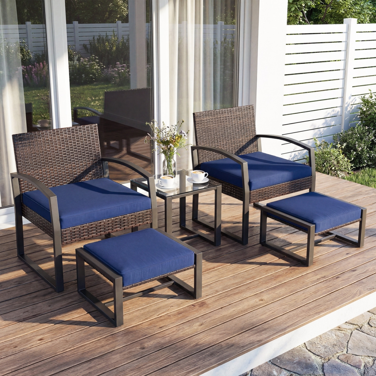 NP13175NY Patio Conversation Set with 2 Ottomans & Tempered Glass Side Table - Navy - 5 Piece