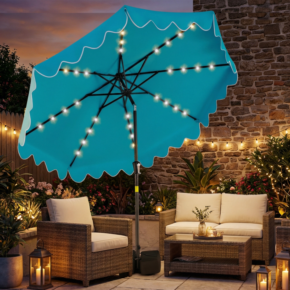 NP13207LS 9 ft. Outdoor Patio Umbrella with Solar LED Lights & Weighted Base - Turquoise