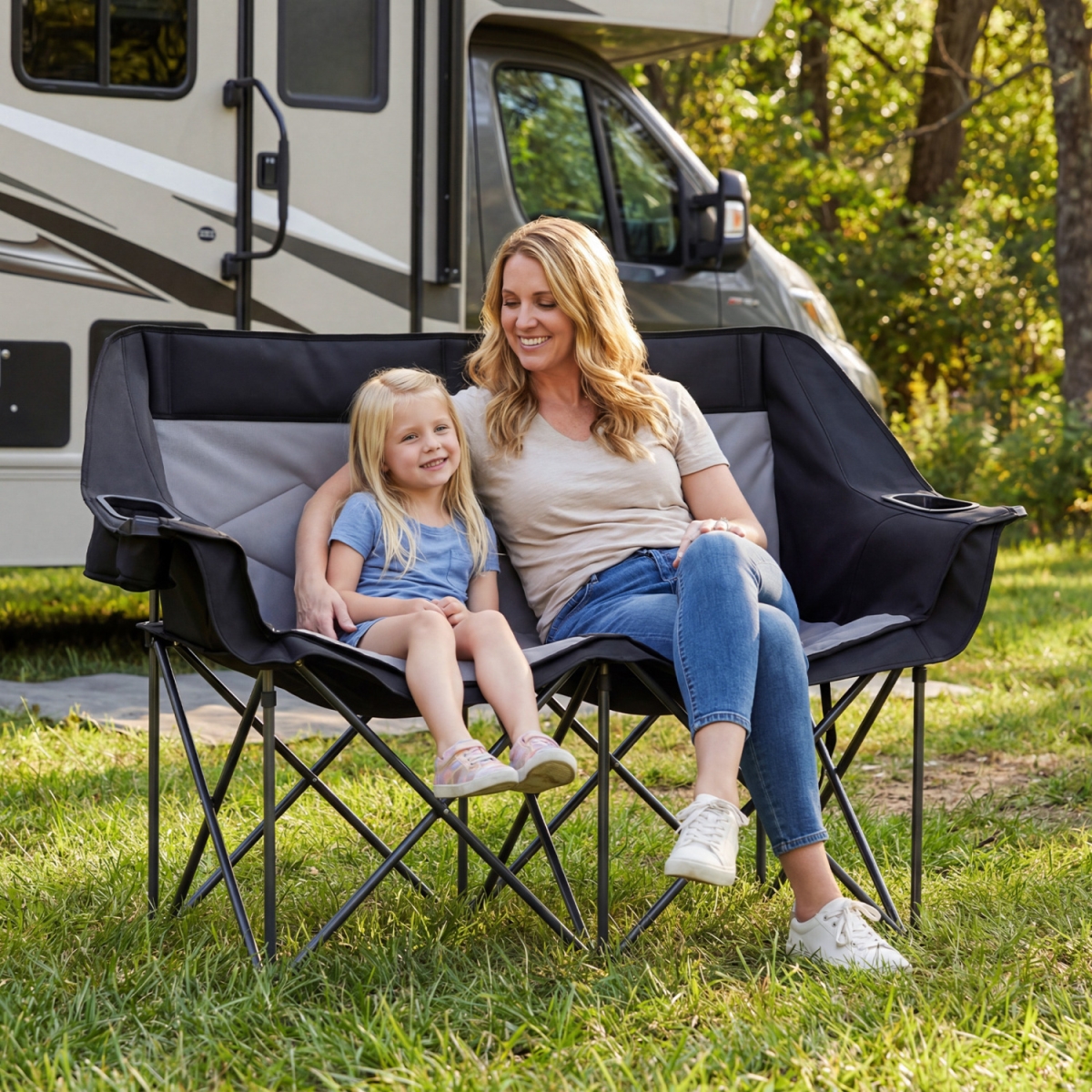 NP13269HH Double Camping Chair with Cup Holders Glass Racks & Mesh Pockets - Dark Gray