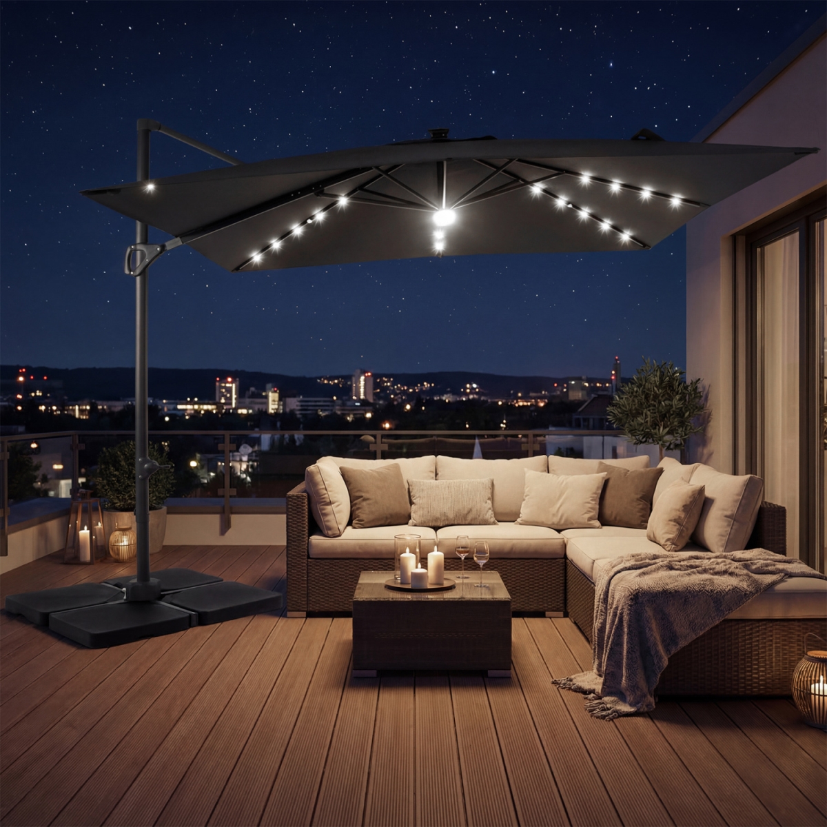 NP13285GR-NP12183 10 ft. Cantilever Patio Umbrella with 32 Solar LED Lights & 220 lbs Base - Gray