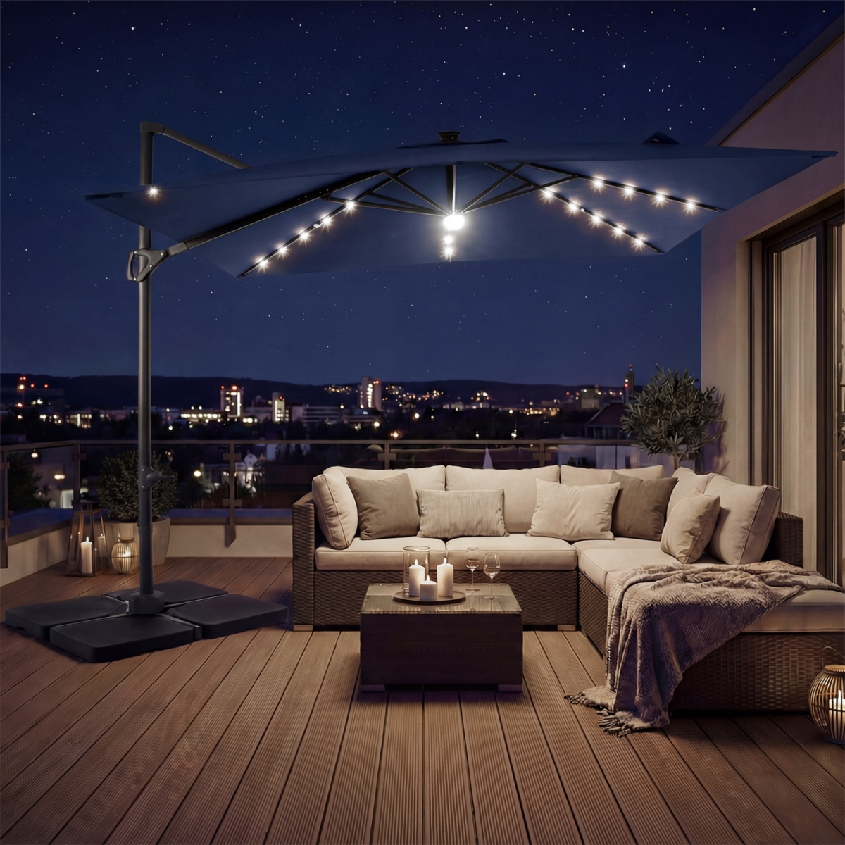 NP13285NY-NP12183 10 ft. Cantilever Patio Umbrella with 32 Solar LED Lights & 220 lbs Base - Dark Blue