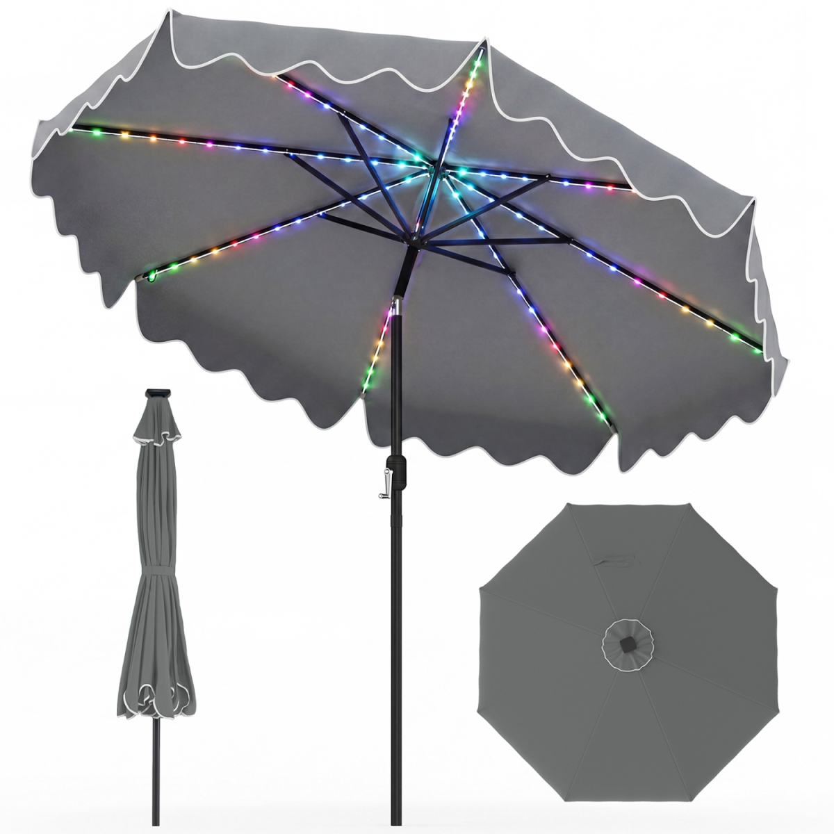 NP13307GR 9 ft. Solar Patio Umbrella with Color-Changing LED Lights - Gray