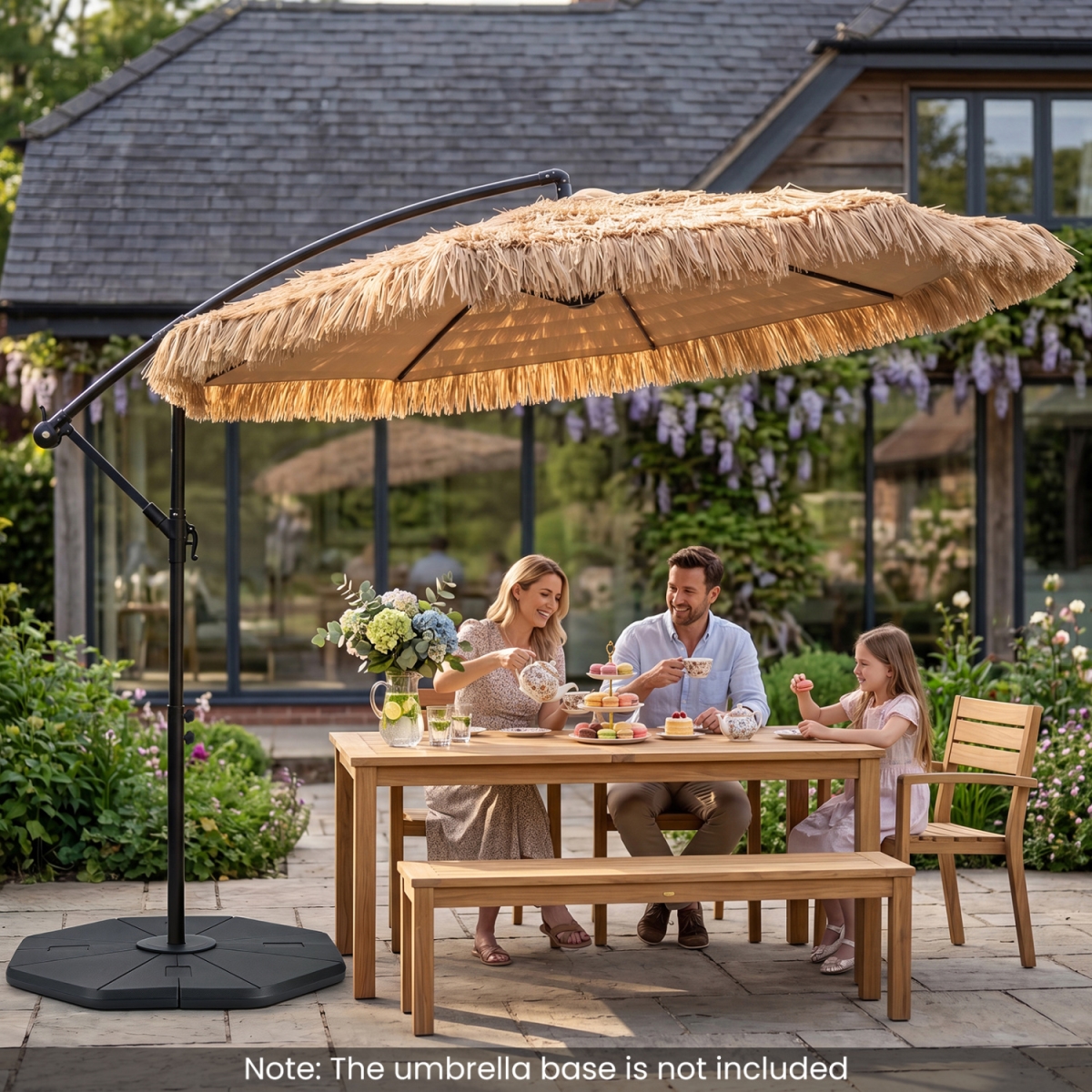 NP13478BN-A 10 ft. Solar Thatched Cantilever Umbrella with 12 Modes & Crank Lift - Brown