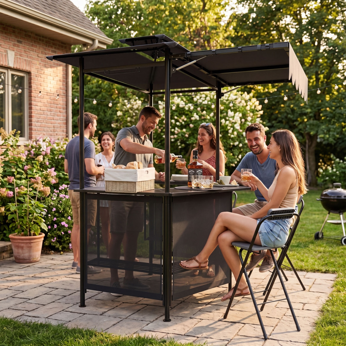 NP13546HS- Patio Bar Set Outdoor Grill Gazebo & 2 Folding Bar Stools - Black - 3 Piece