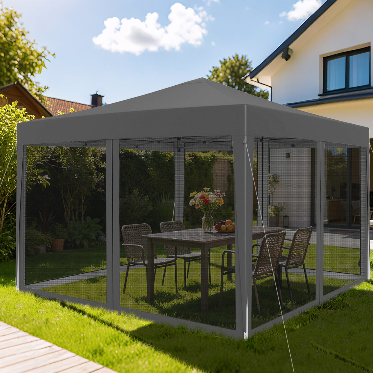 NP13663GR 10 x 10 ft. Pop-Up Canopy Tent Easy Setup Instant Folding Shelter with Mesh Netting - Gray