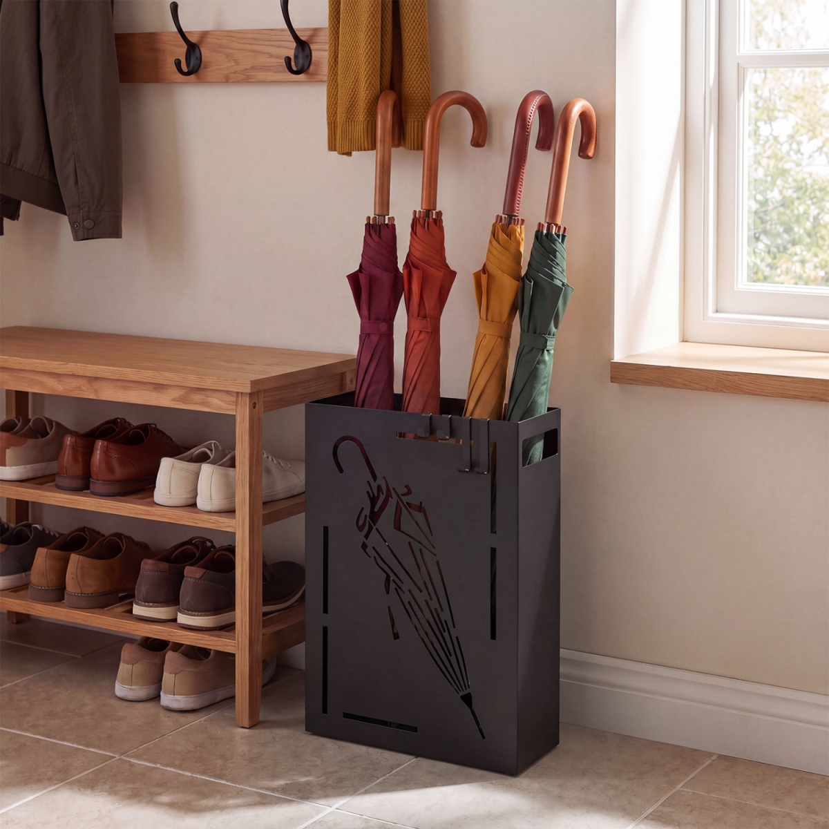 NP13684DK Rectangular Umbrella Holder Rack with Removable Drip Tray - Black