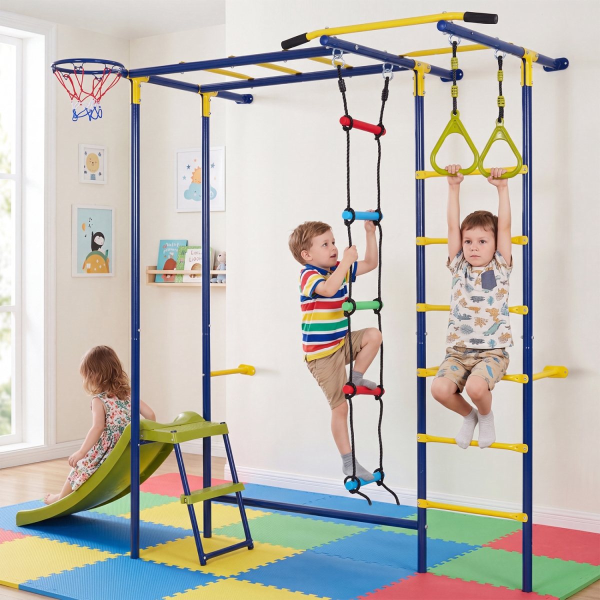 NP13732 7-in-1 Swedish Ladder Wall Playset with Monkey Bars & Slide - Multi Color