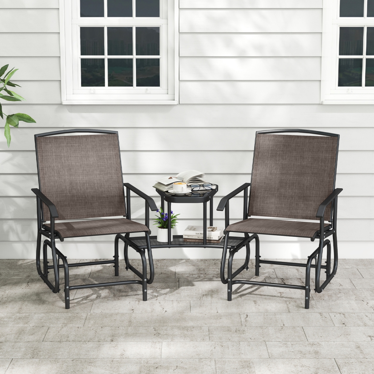 NP13771CF 2-Seater Outdoor Glider Bench with 2-Tier Center Table - Brown