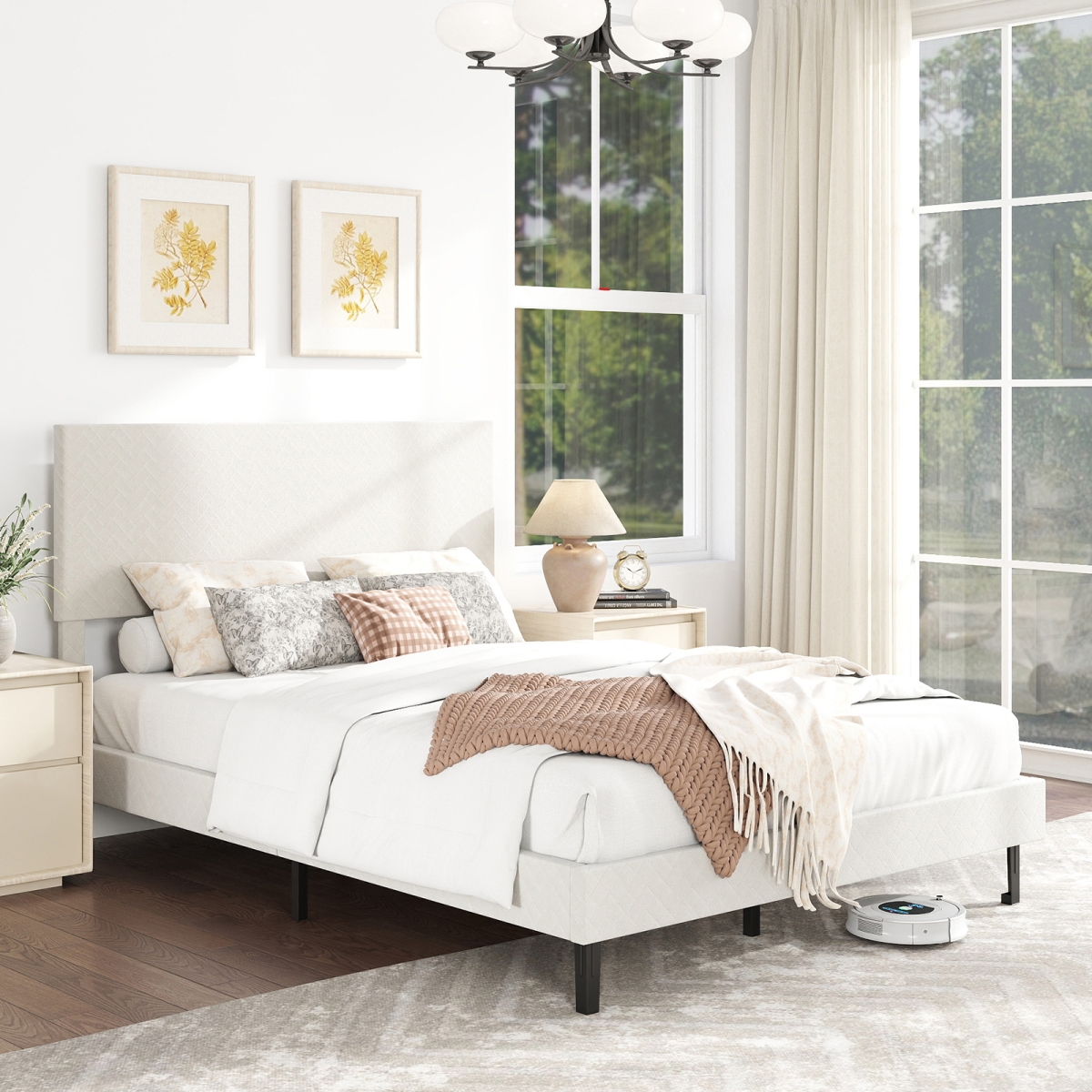 HU11098US-FBE Velvet Upholstered Platform Bed Frame with Chevron Headboard - Beige - Full Size
