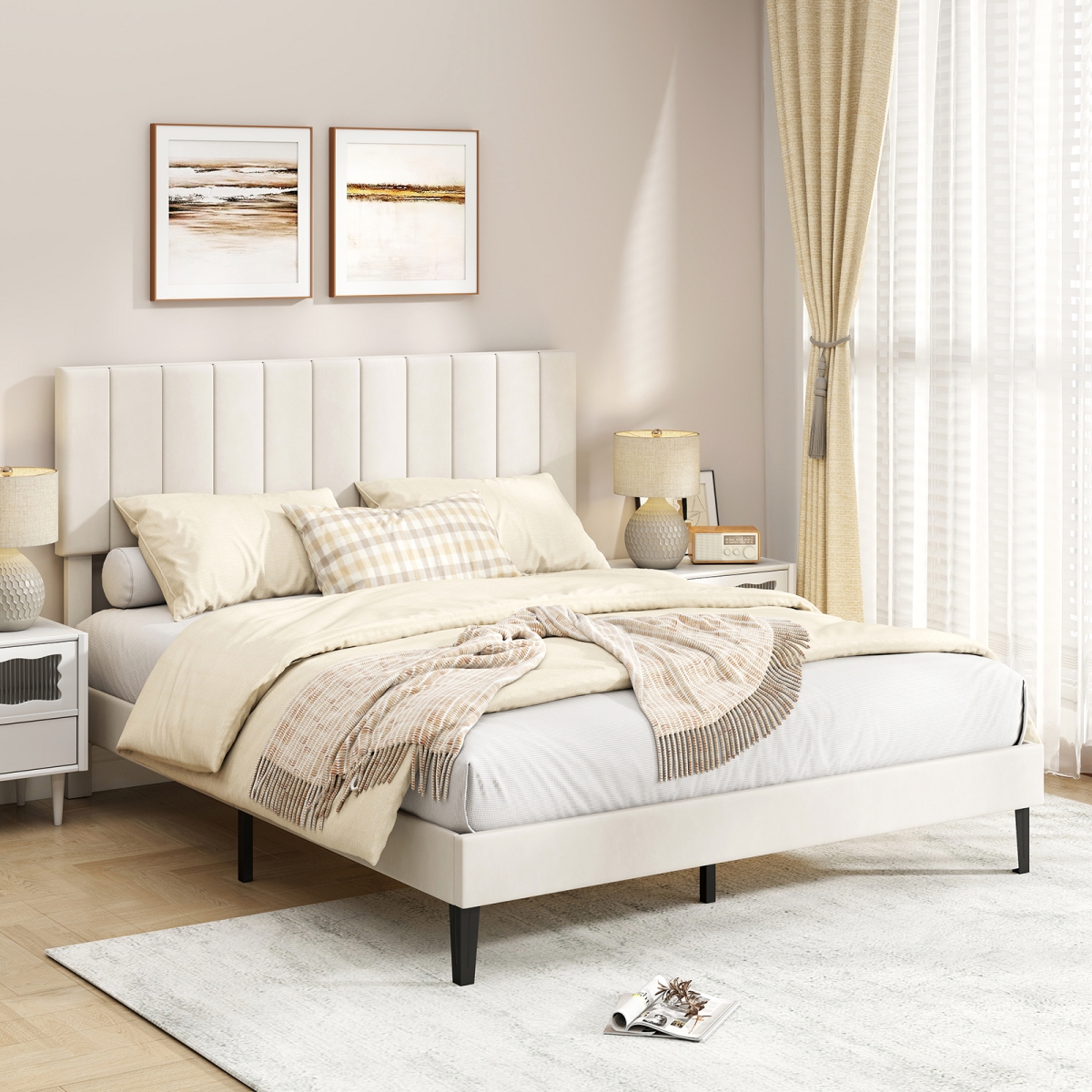 HU11141US-QBE Queen Size Velvet Upholstered Platform Bed Frame - Beige