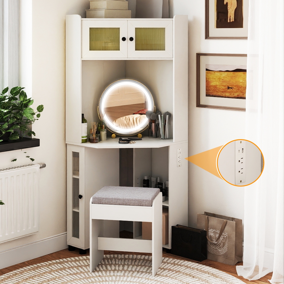 HU11208US-WH- Compact Dressing Corner Vanity Desk with Mirror & Lights - White