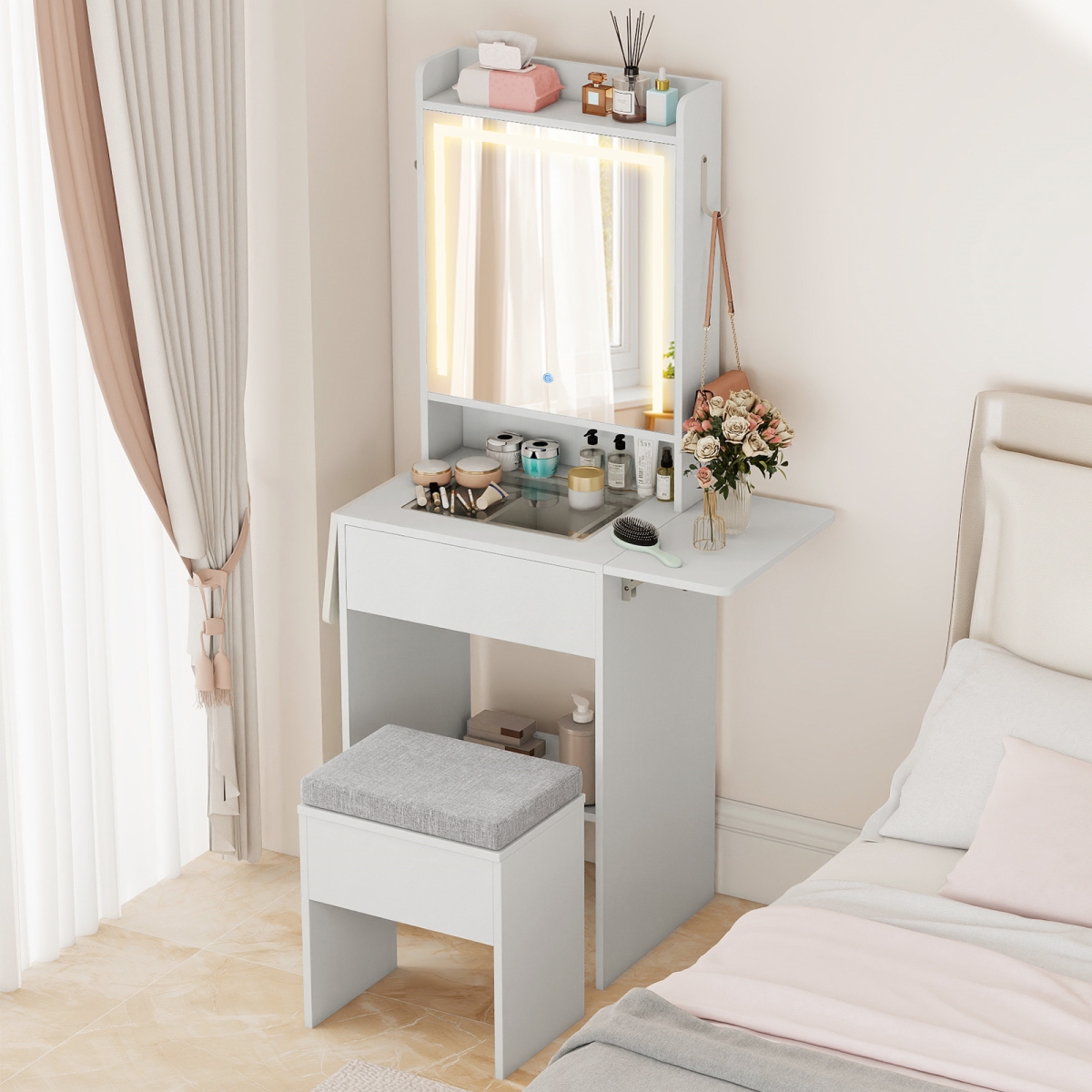 HU11222US-WH Space-Saving Vanity Desk with Mirror & Lights for Bedroom - White