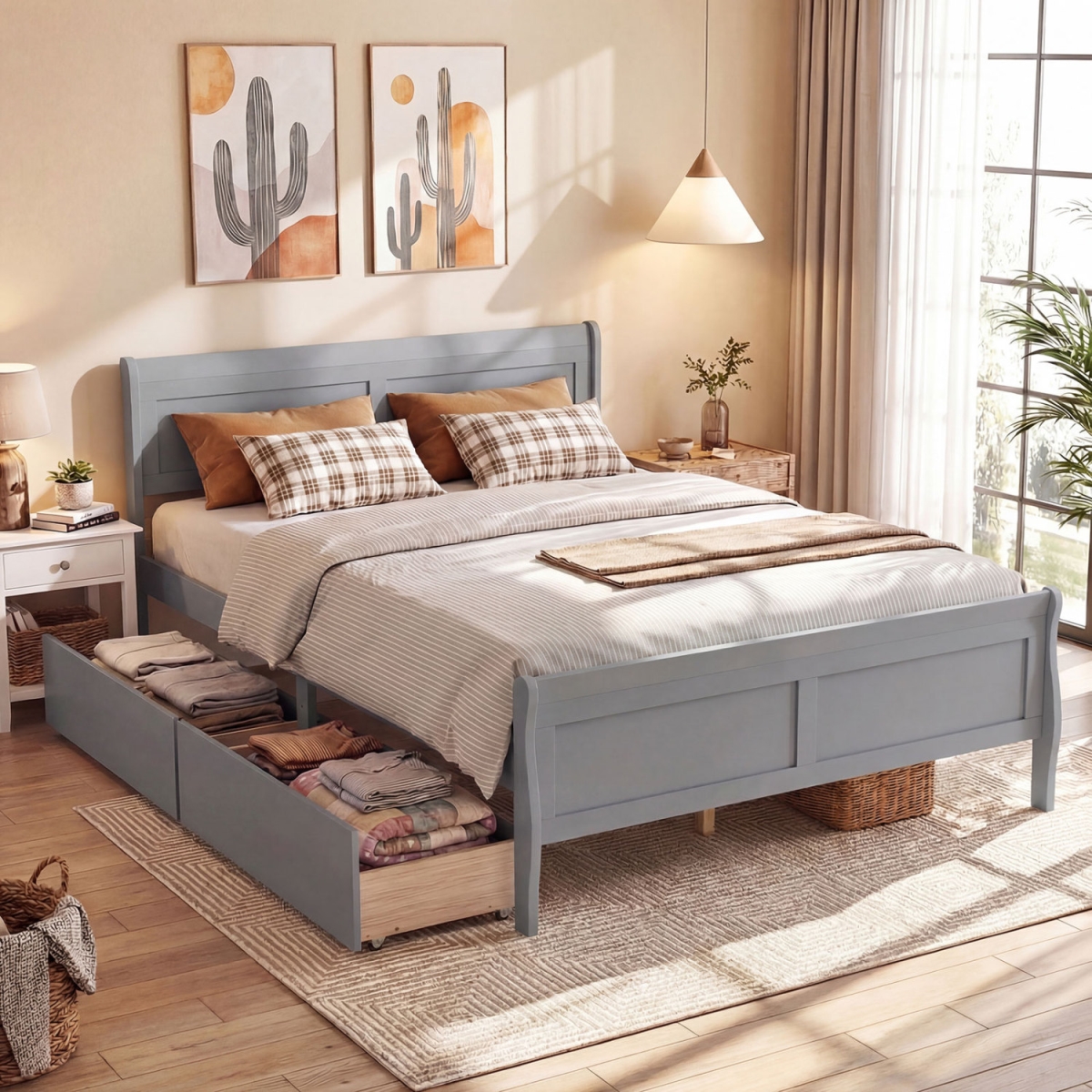 HU11230GR-Q Bed Frame with 2 Storage Drawers & Footboard - Gray - Queen Size
