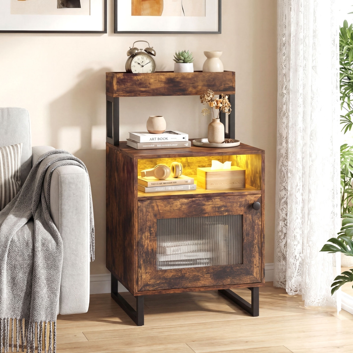 HU11248US-CF Nightstand with LED Lights Modern End Table with Top Tray Open Compartment & Storage Cabinet - Rustic Brown