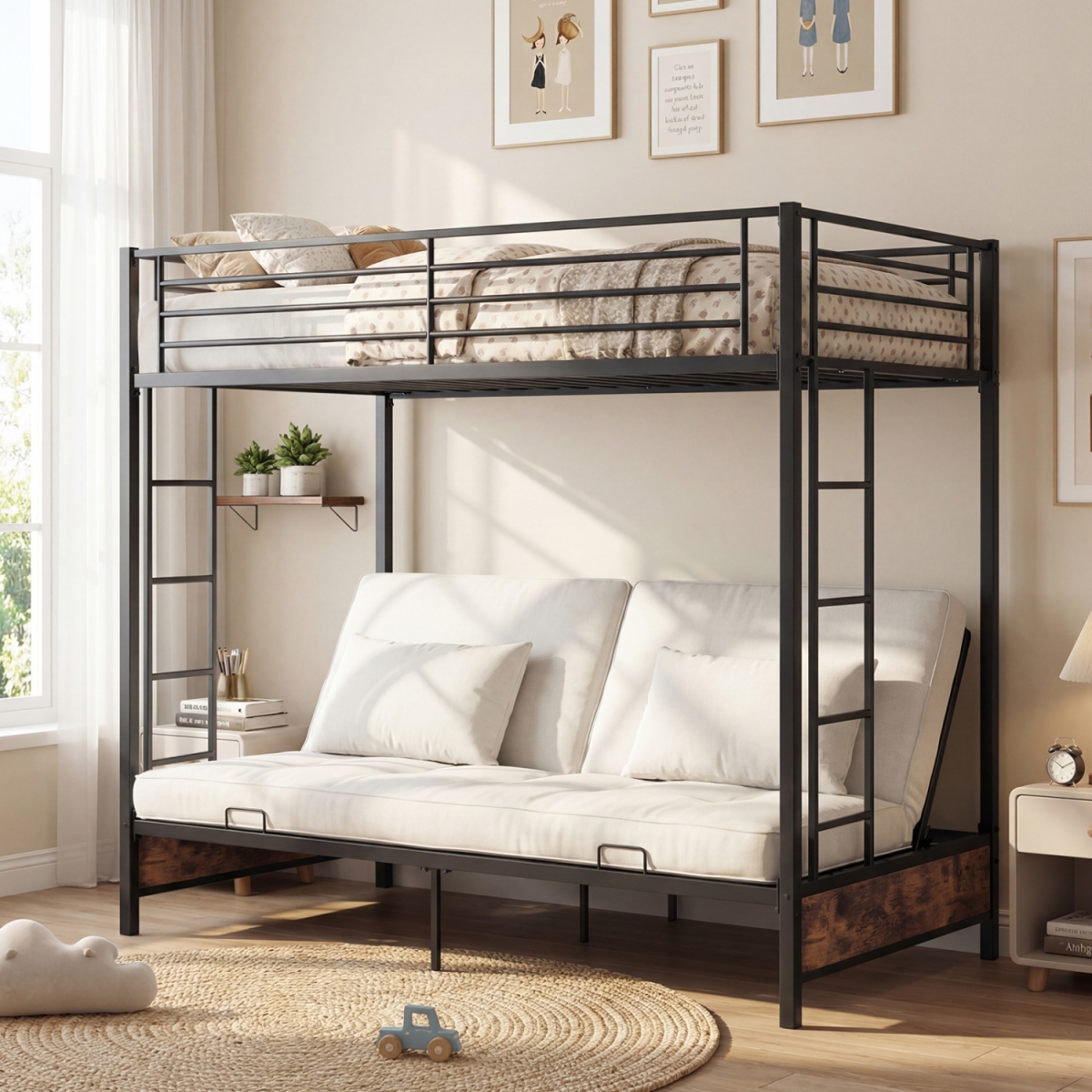 HU11298CF- Heavy Duty Metal Bunk Bed Frame with Headboard & Footboard - Rustic Brown