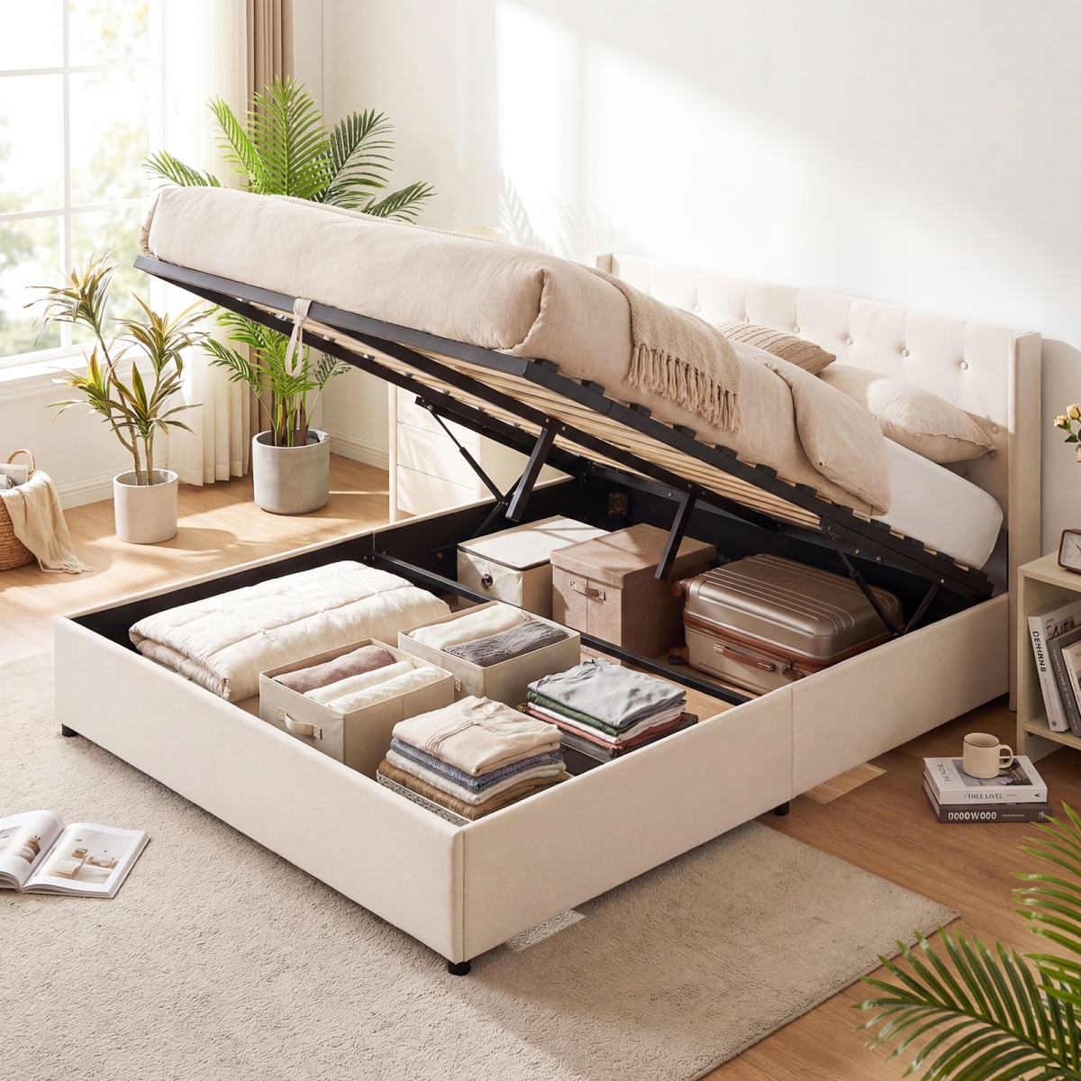 HU11350BE-Q Lift-Up Storage Bed Modern Linen Upholstered Platform Bed - Beige - Queen Size