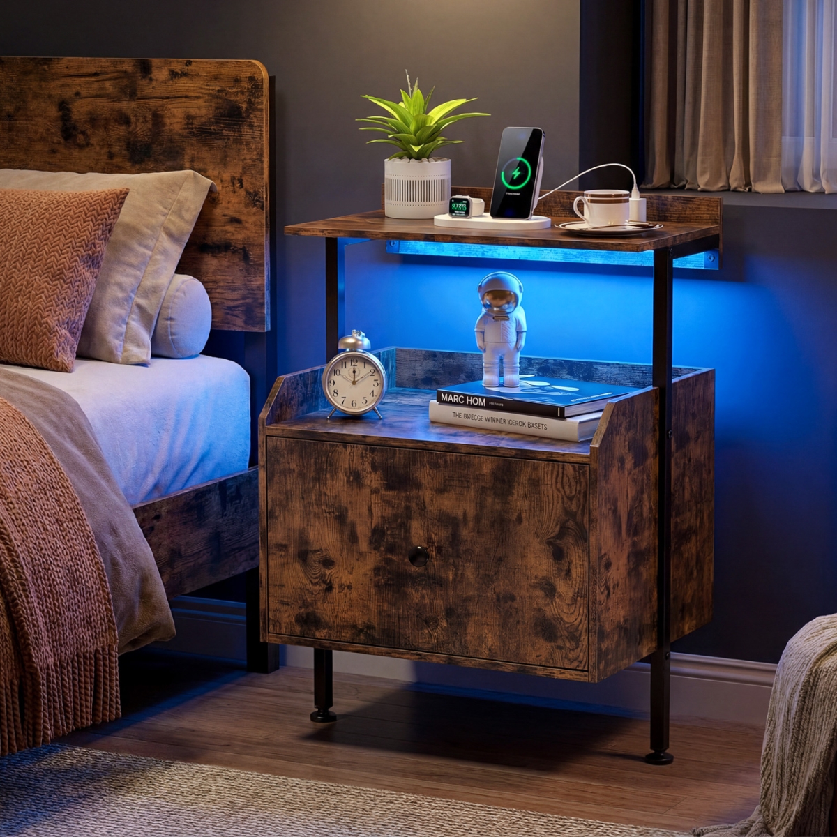 HU11362US-CF Wall-Mounted Nightstand with LED Lights & Charging Station for Bedroom - Rustic Brown