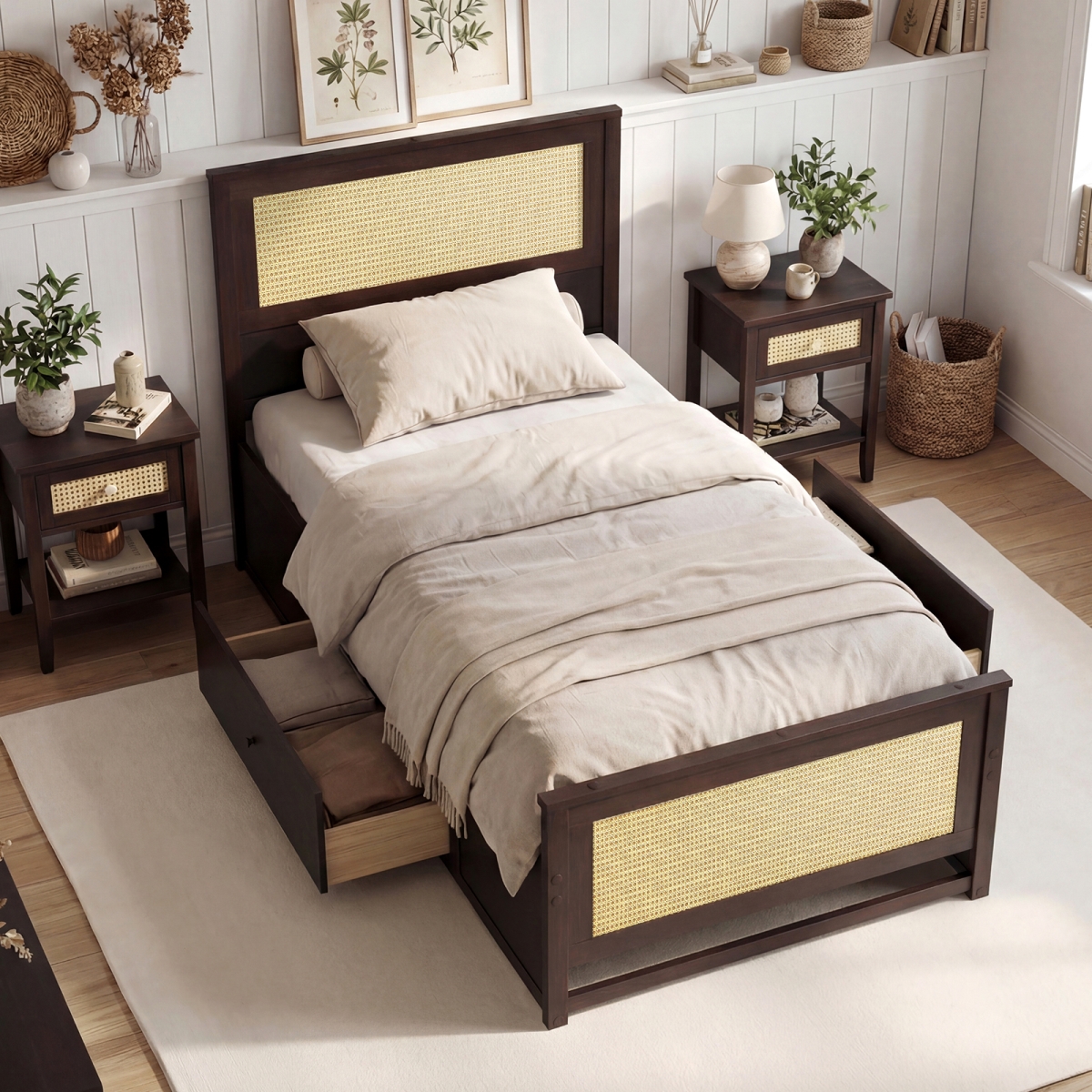 HU11366CF-T Rattan Bed Frame with Storage Drawers - Coffee - Twin Size