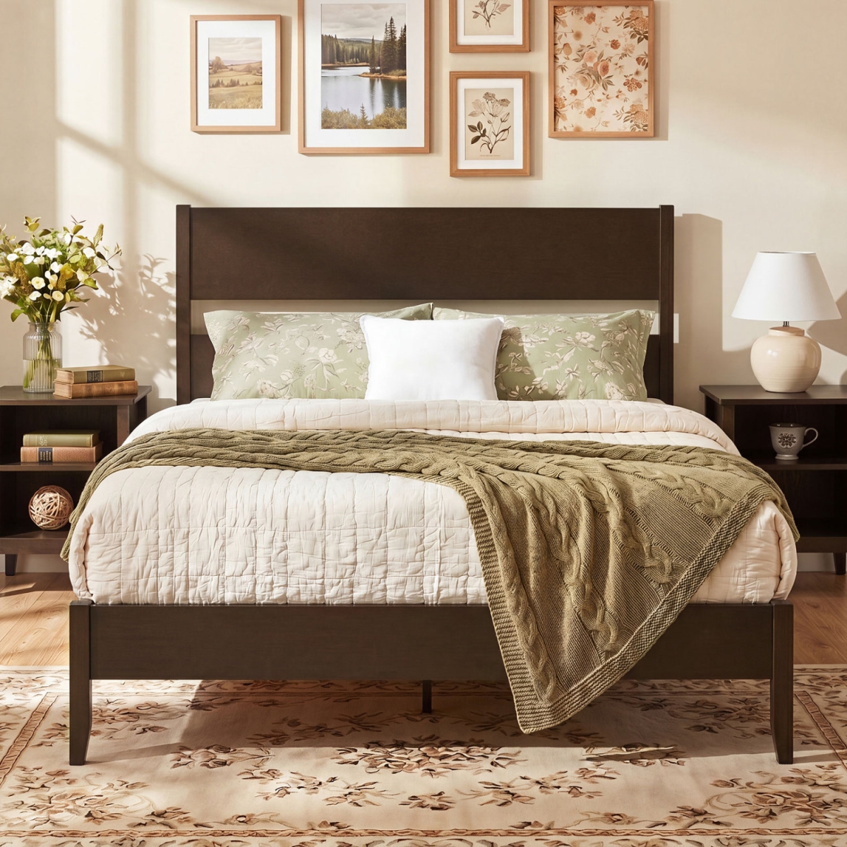 HU11455CF-Q Bed Frame with Headboard & Solid Wood Legs 12 Slats - Dark Walnut - Queen Size