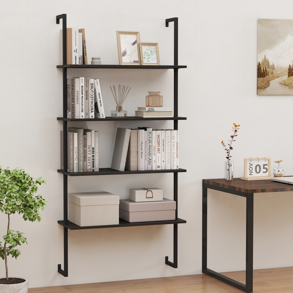 JV13174DK 4-Tier Ladder Shelf Open Wall Mounted Bookcase with Wooden Boards & Metal Frame - Black