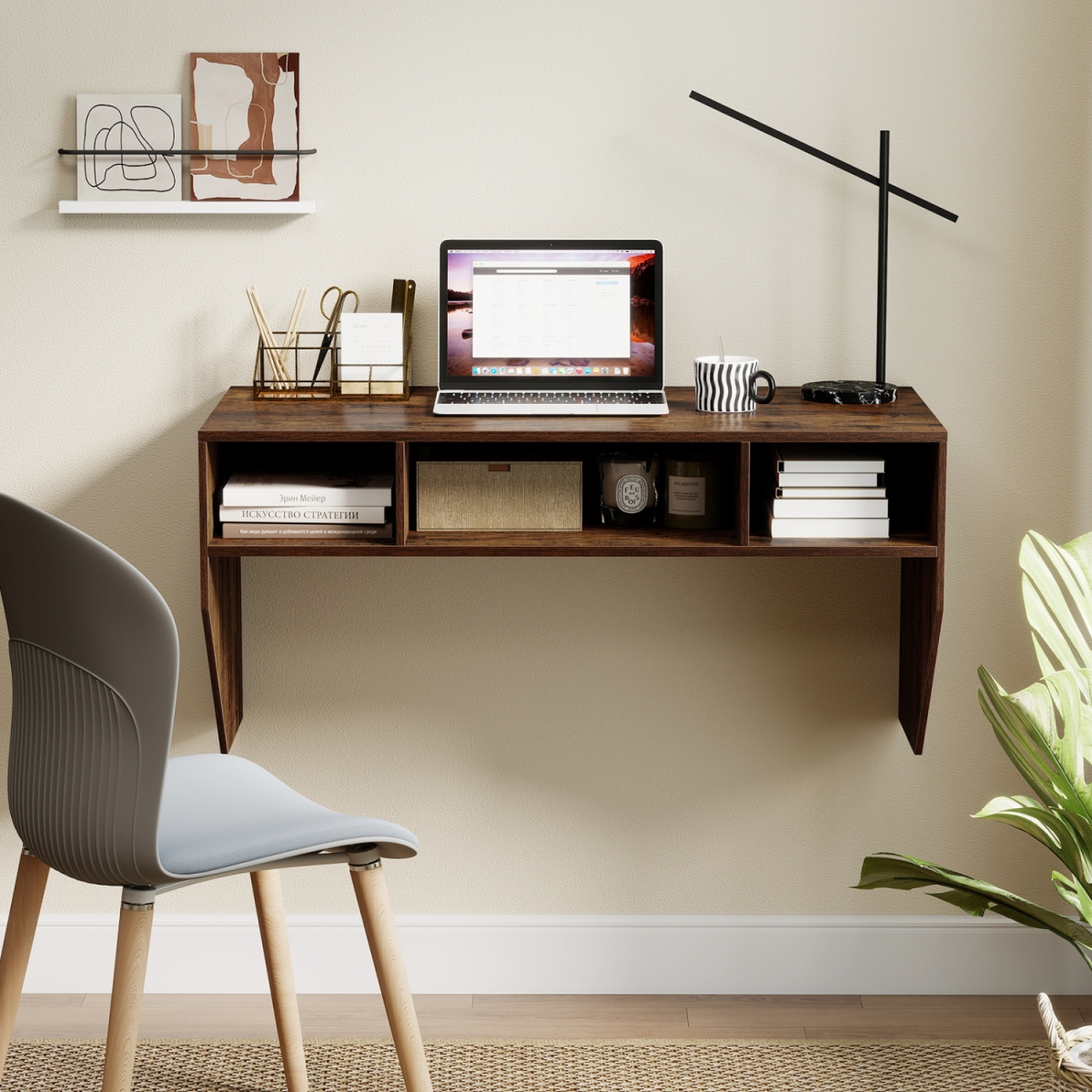 JV13333CF Wall-Mounted Computer Desk Floating Laptop Desk with 3 Storage Compartments - Rustic Brown