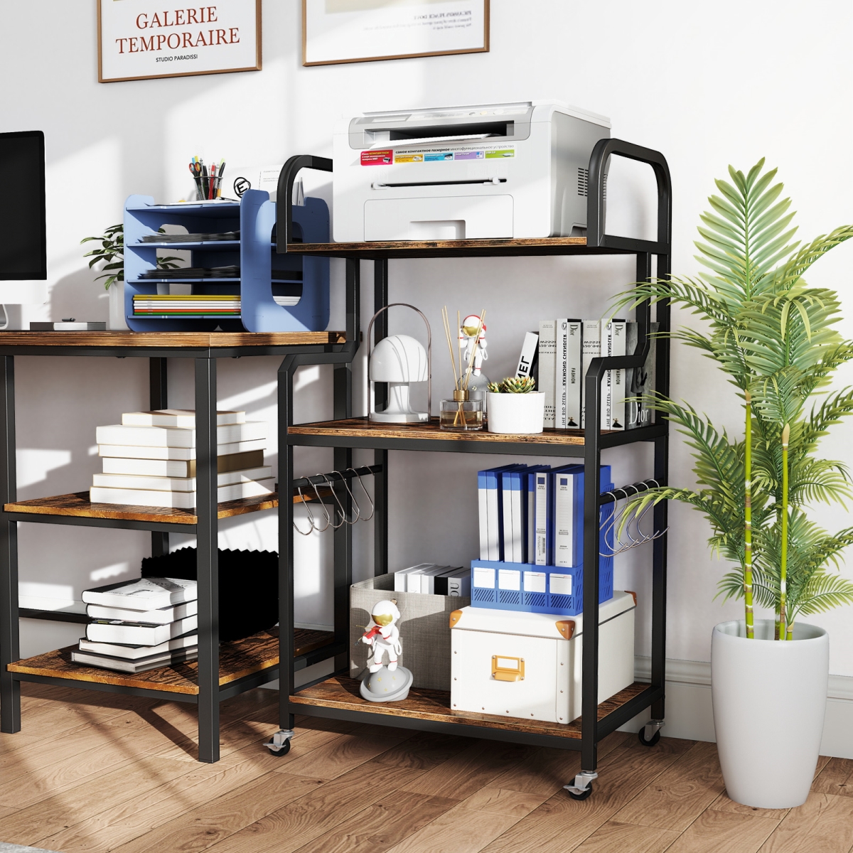 JV13344CF 3-Tier Rolling Printer Stand Home Office Large Printer Cart with Storage Shelves - Rustic Brown