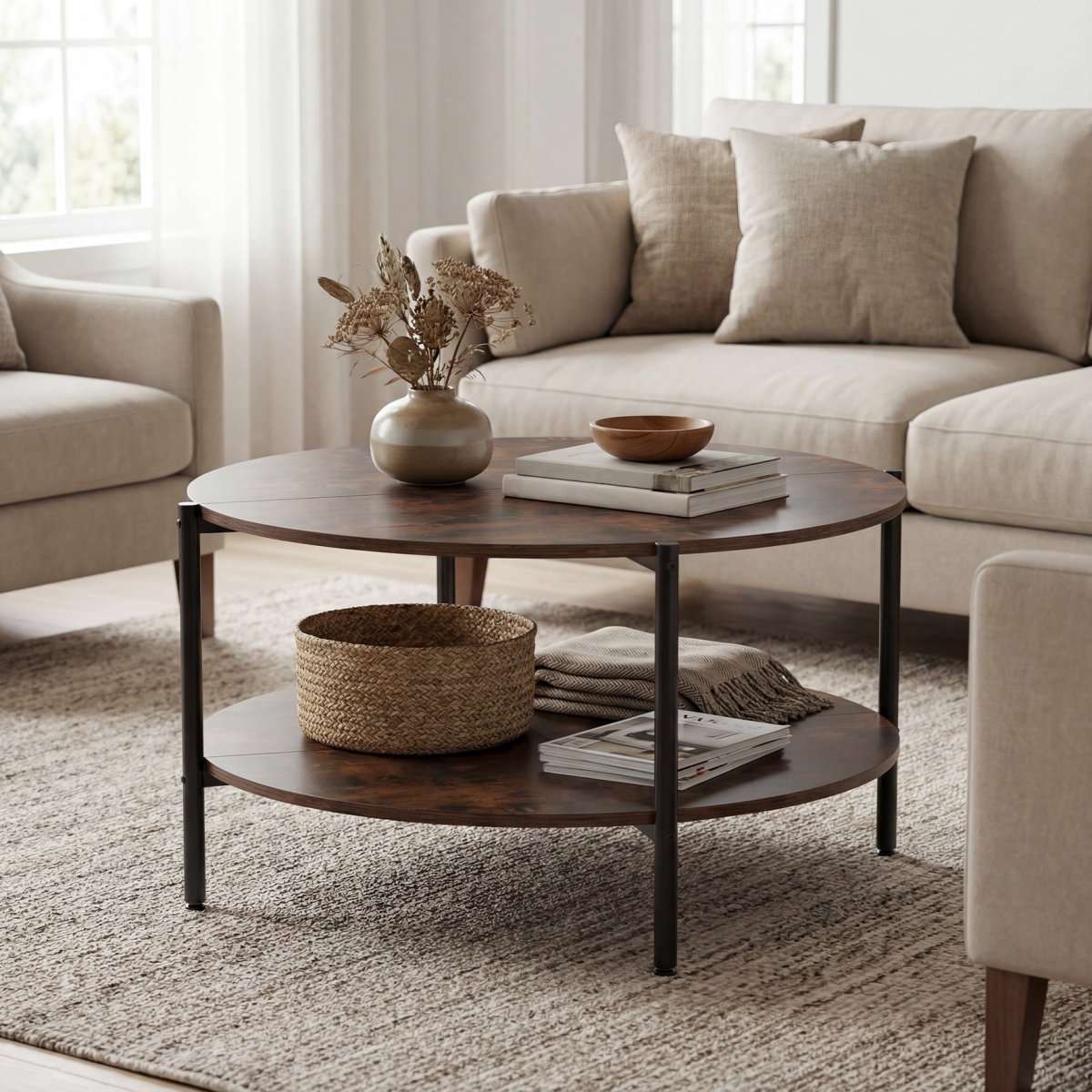 JV13400CF Round Coffee Table 2-Tier Industrial Accent Table with Open Storage Shelf - Rustic Brown