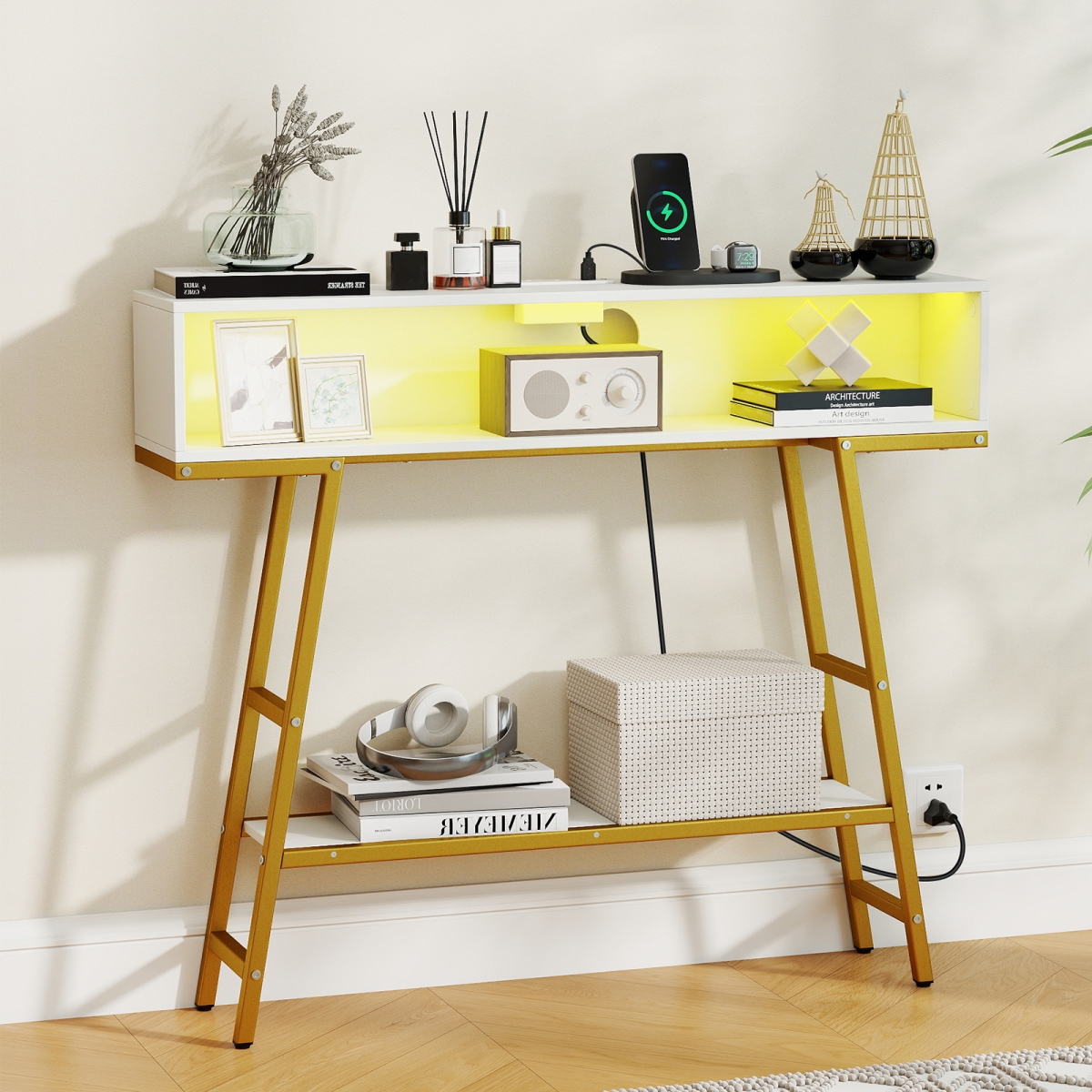 JV13573US-WH 40 in. Console Table with Charging Station & LED Lights - White