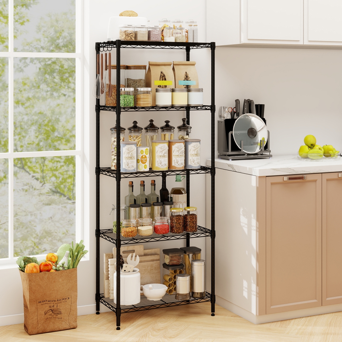 JV13578DK 5-Tier Metal Storage Shelving Unit with V-Shaped Wire Rack & 750 lbs Capacity - Black