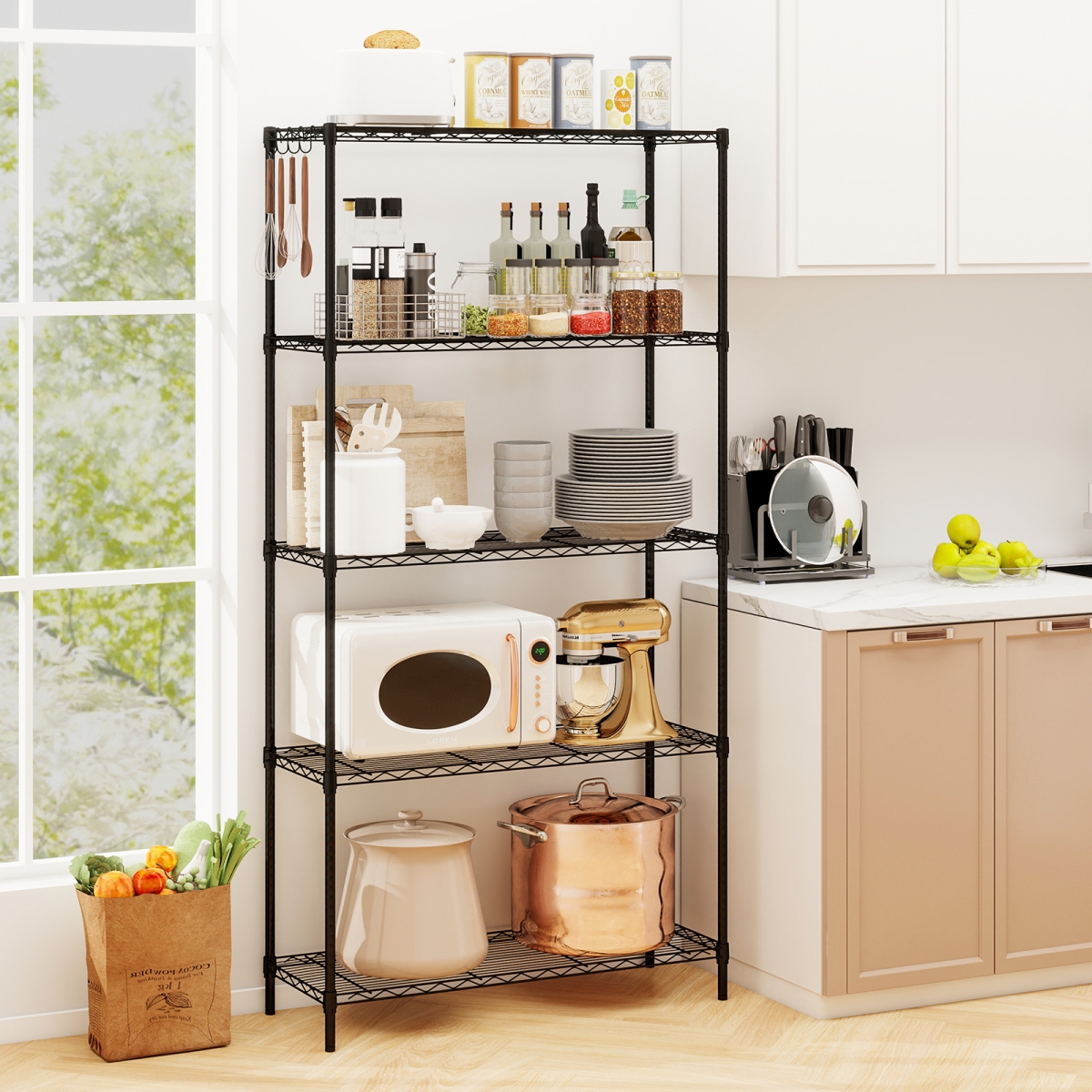 JV13581DK 5-Tier Metal Storage Shelving Unit with V-Shaped Wire Rack & 1250 lbs Capacity - Black