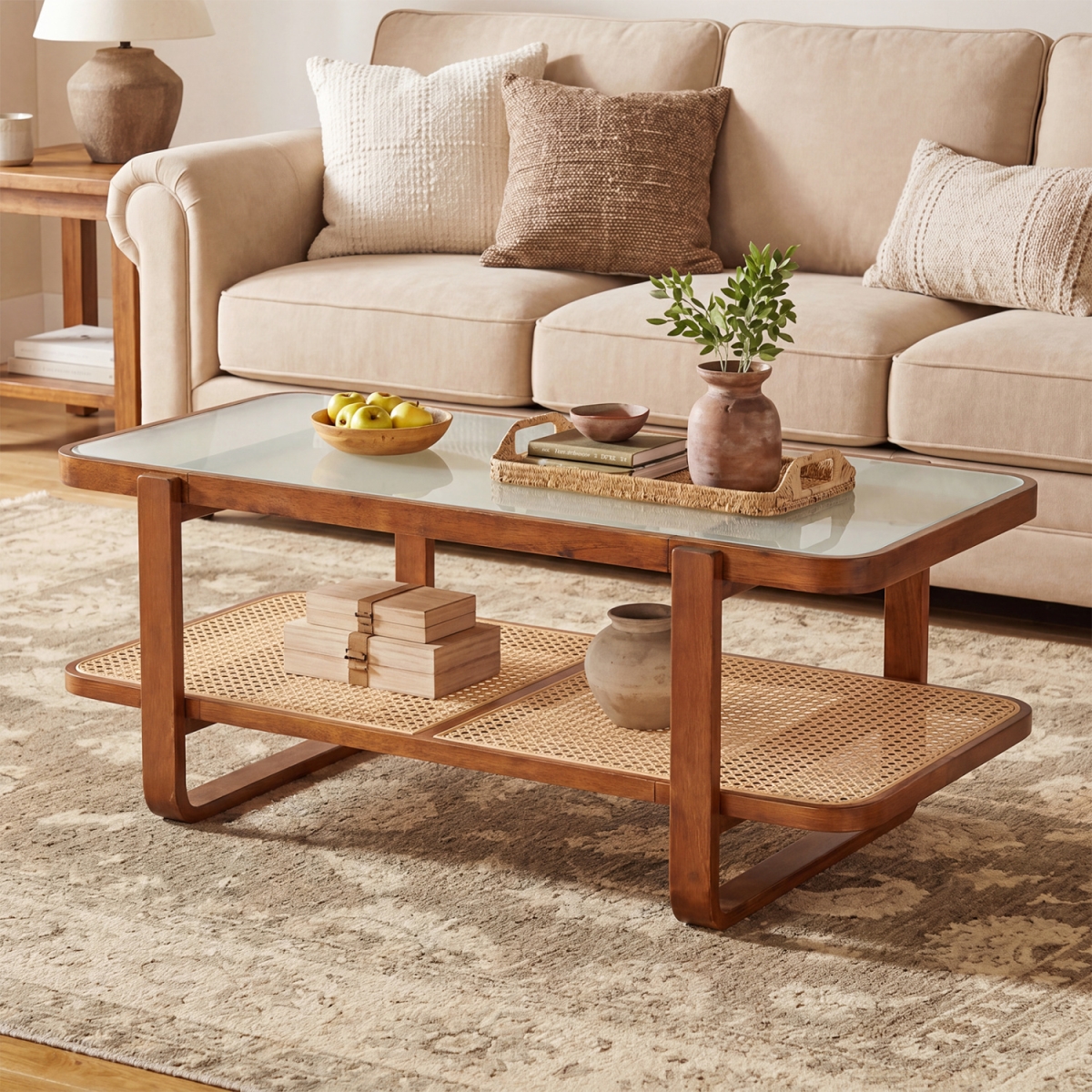 JV13616WN Rattan Coffee Table with Tempered Glass Top & Storage Shelf - Walnut