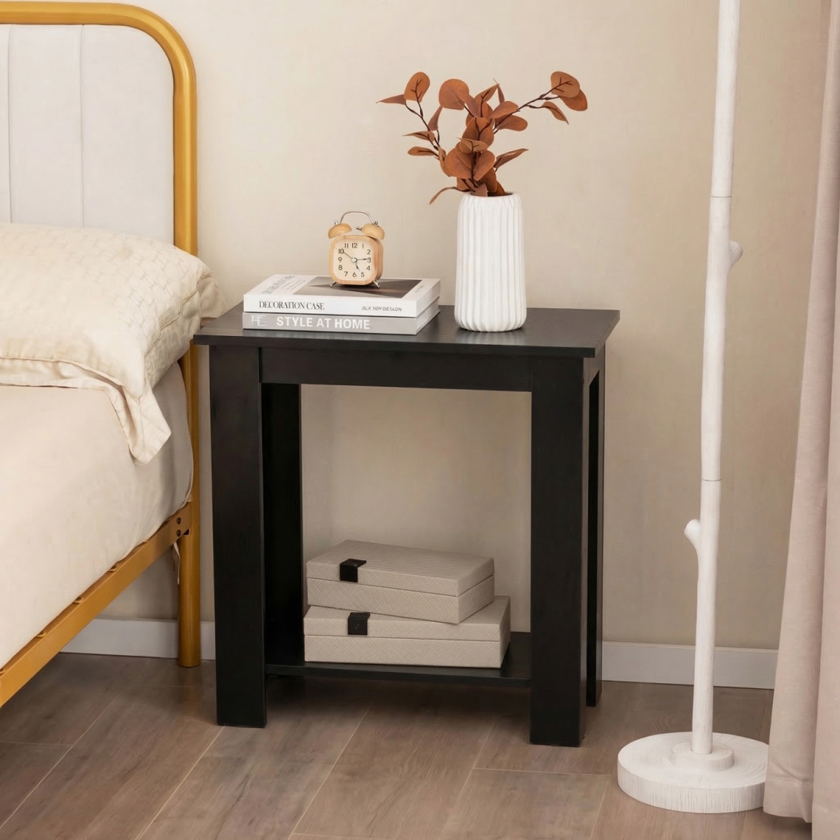 JV13719DK-1 2-Tier Modern Compact End Table with Storage Shelf - Black