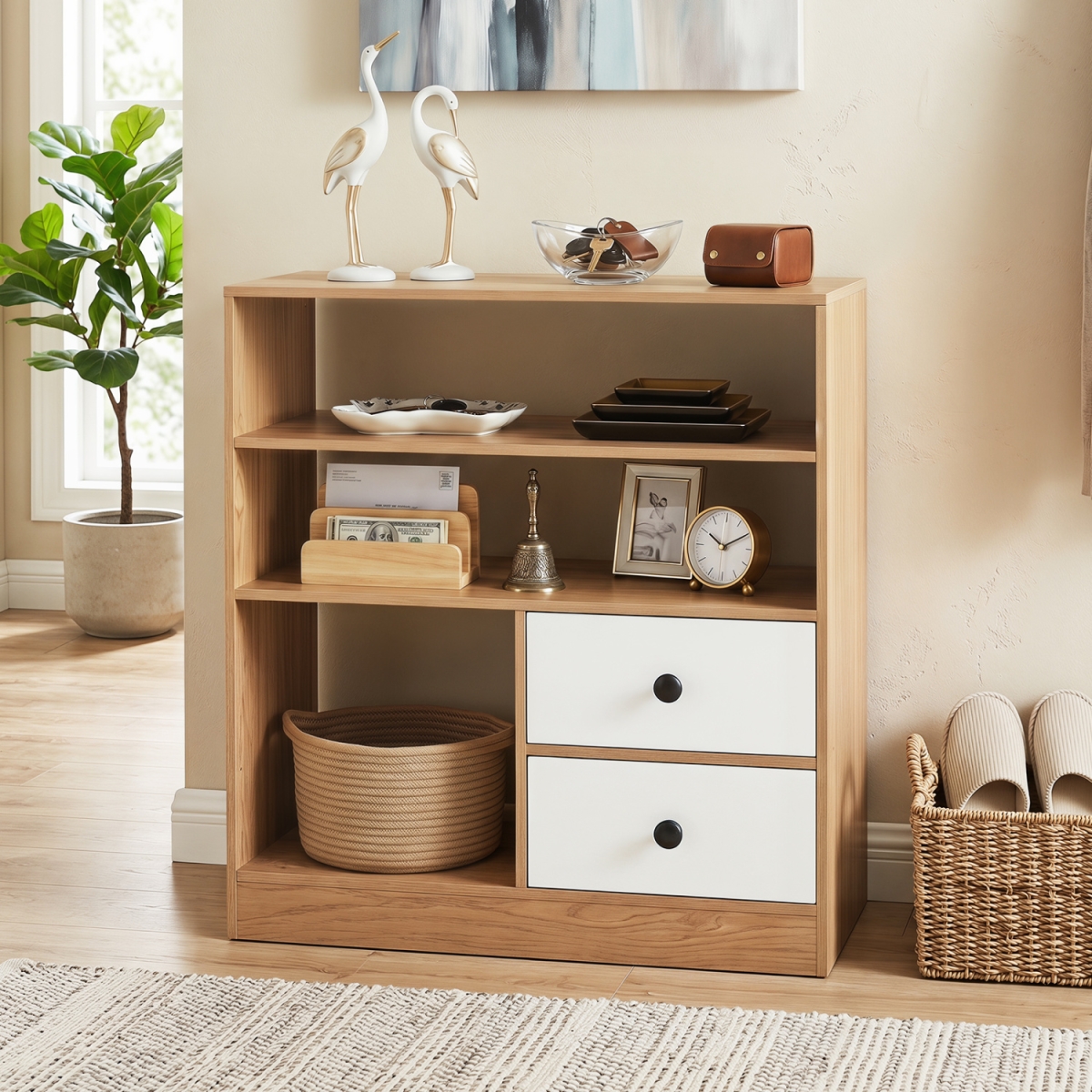 JV13753NA Open Storage Cabinet with 3 Open Compartments & 2 Drawers - Natural