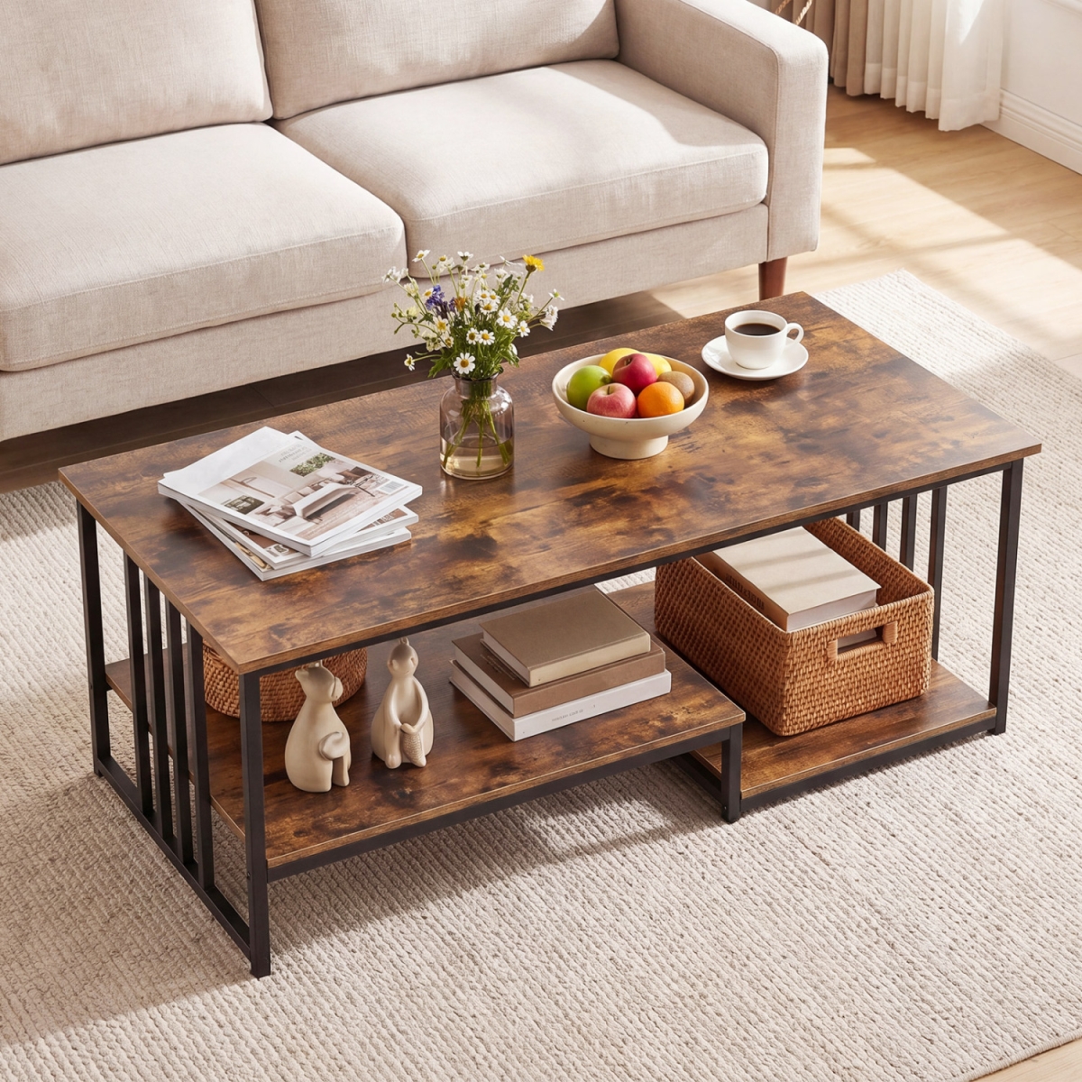 JV13767CF 43.5 in. Coffee Table 2-Tier with Open Storage Shelf - Rustic Brown