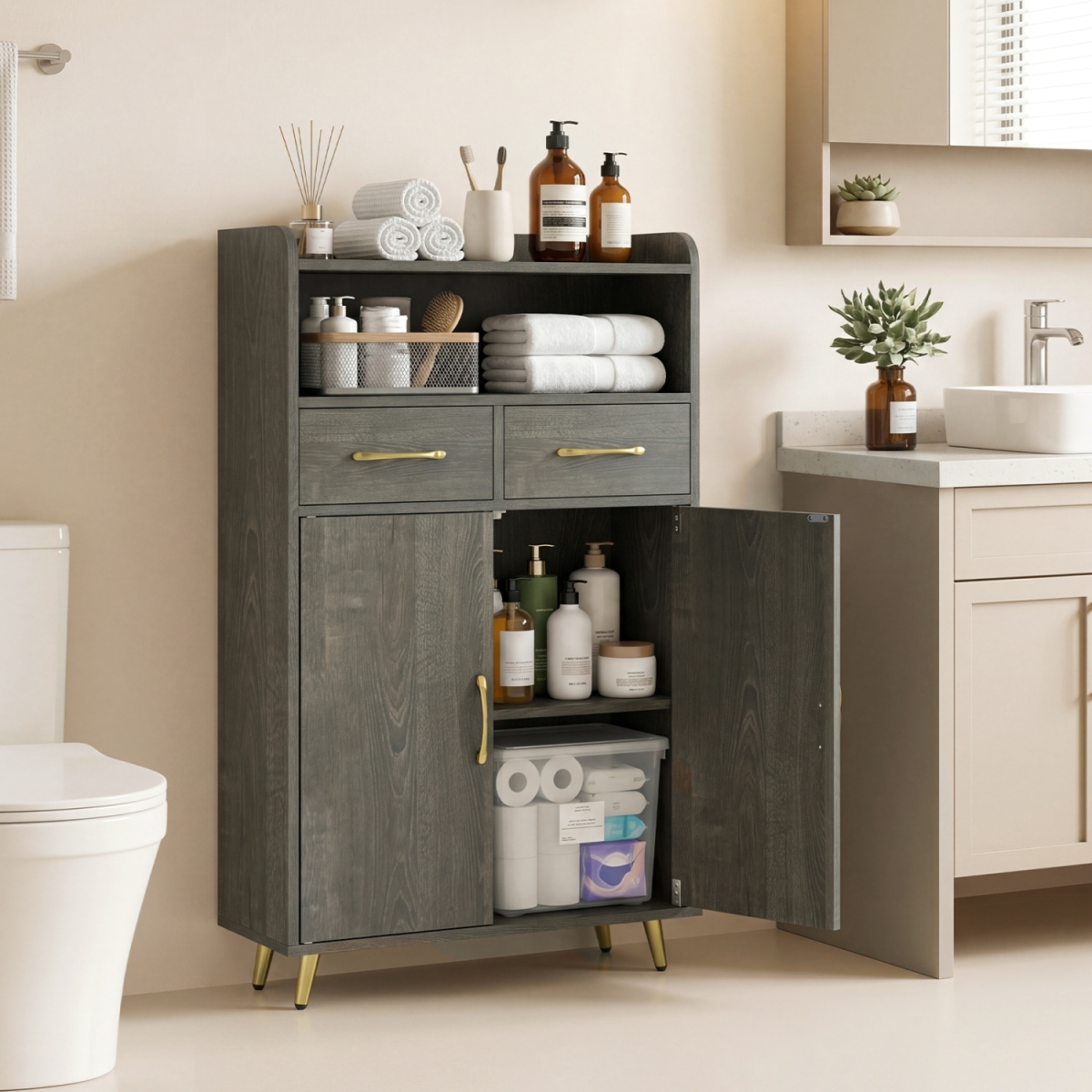JV13783OA Bathroom Storage Cabinet Freestanding Floor Cabinet with 2 Drawers & 2 Doors - Gray Oak