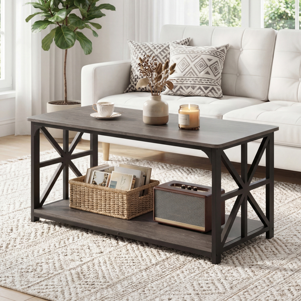 JV13785OA Coffee Table 2-Tier Center Table with Storage Shelf - Oak