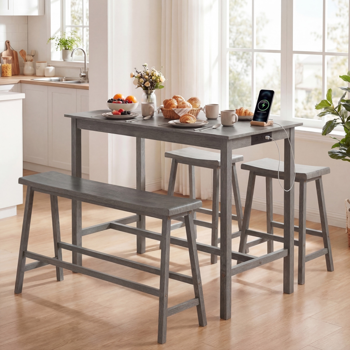 JV13795GR Counter Height Dining Table Set with Power Outlet Solid Rubber Wood Kitchen Table - Gray - 4 Piece