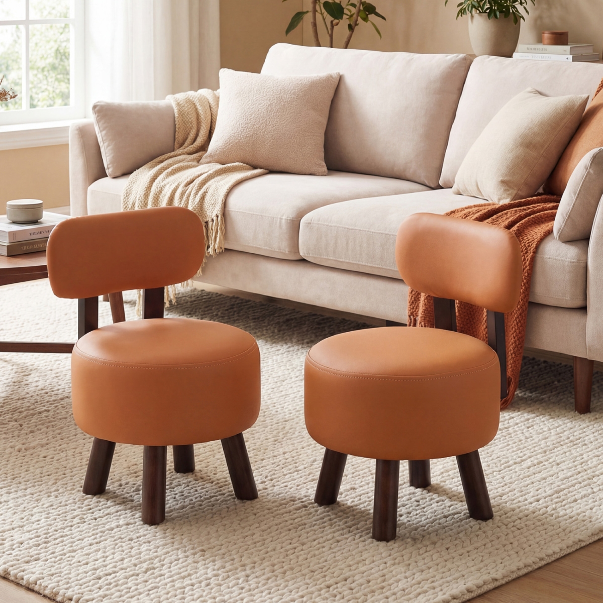 JV13797OR-2 Small Footrest Stools Round Ottoman with Backrest - Orange - Set of 2