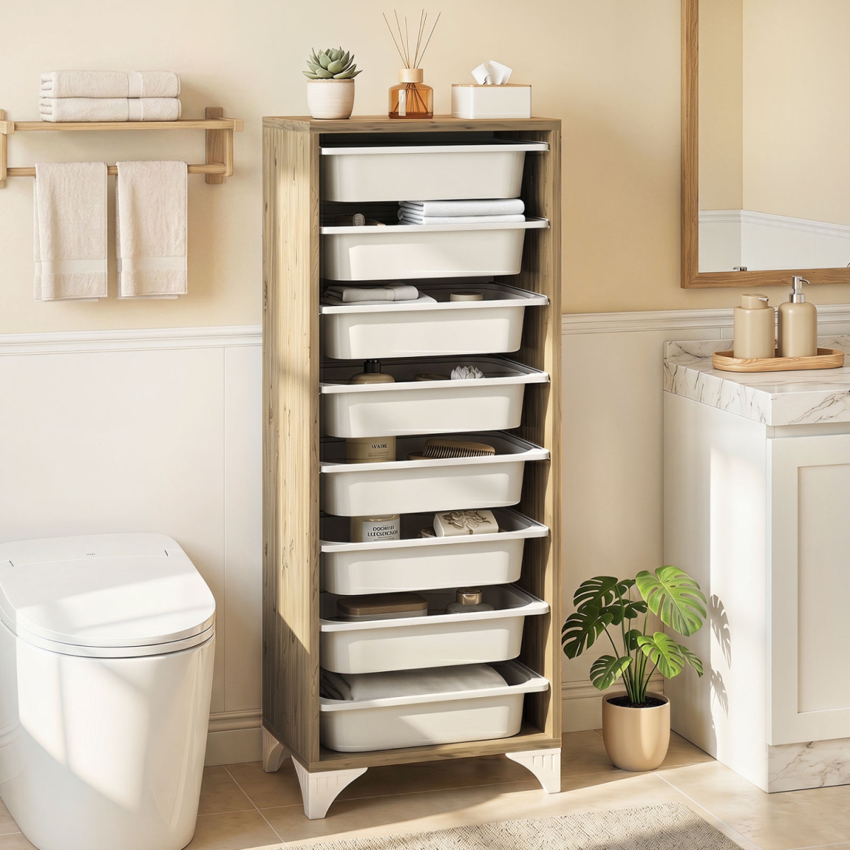 JV13805- 9-Tier Fruit & Vegetable Storage Rack Freestanding Wooden Pantry Organizer Cabinet