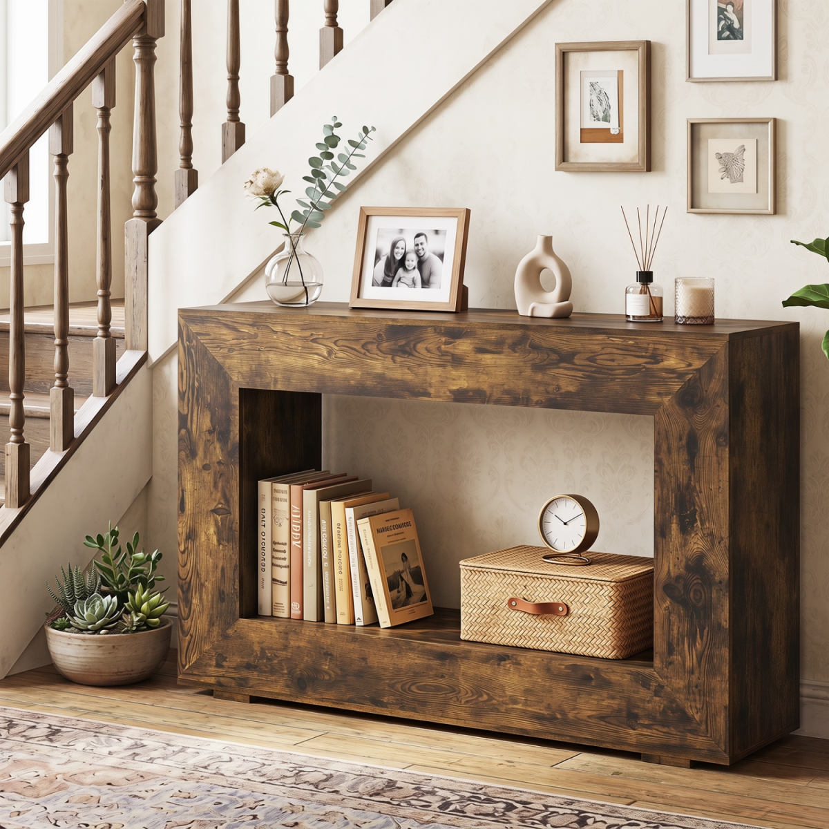 JV13906CF 47 in. 2-Tier Farmhouse Console Table with Open Storage Shelf for Living Room - Rustic Brown