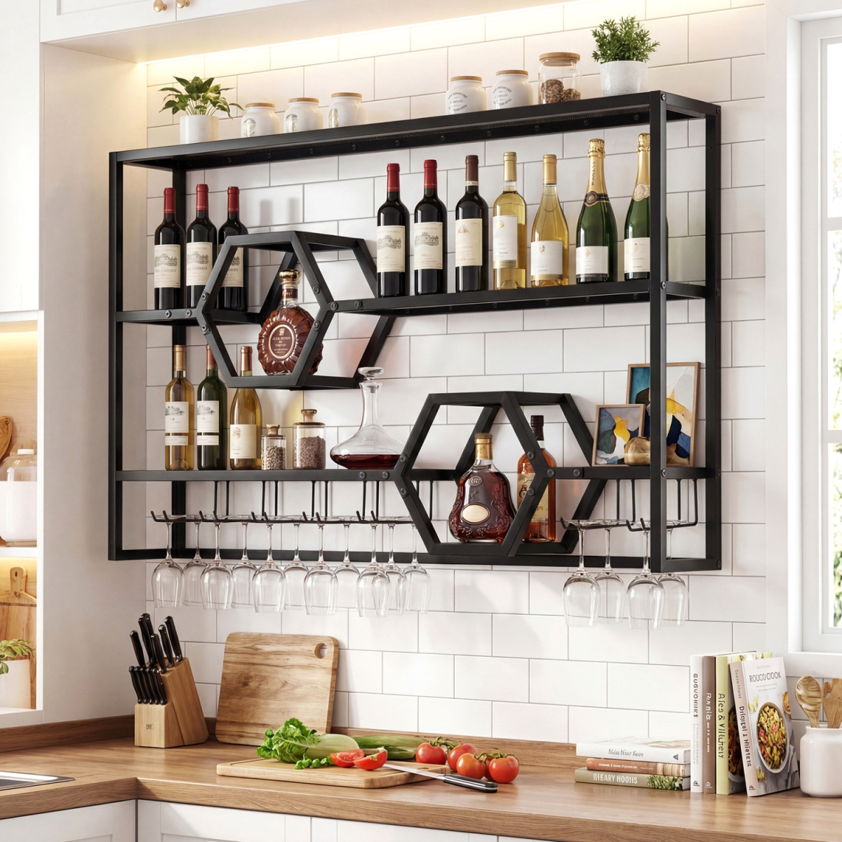 JV13909BK Wall Mounted Wine Rack 47 in. Large Floating Bar Shelves - Black