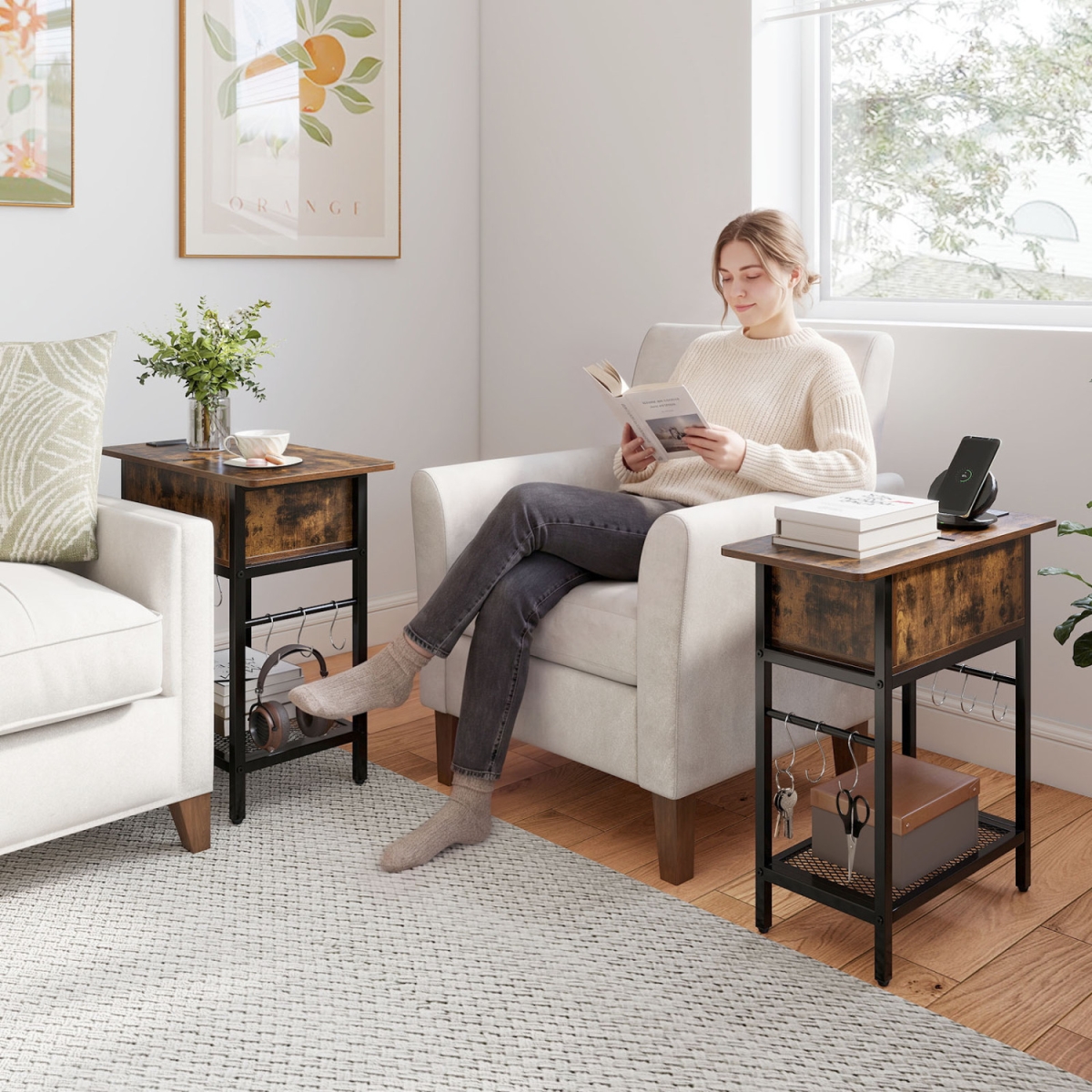 JV13937US-2CF End Table with Charging Station & Hidden Compartment - Rustic Brown - Set of 2