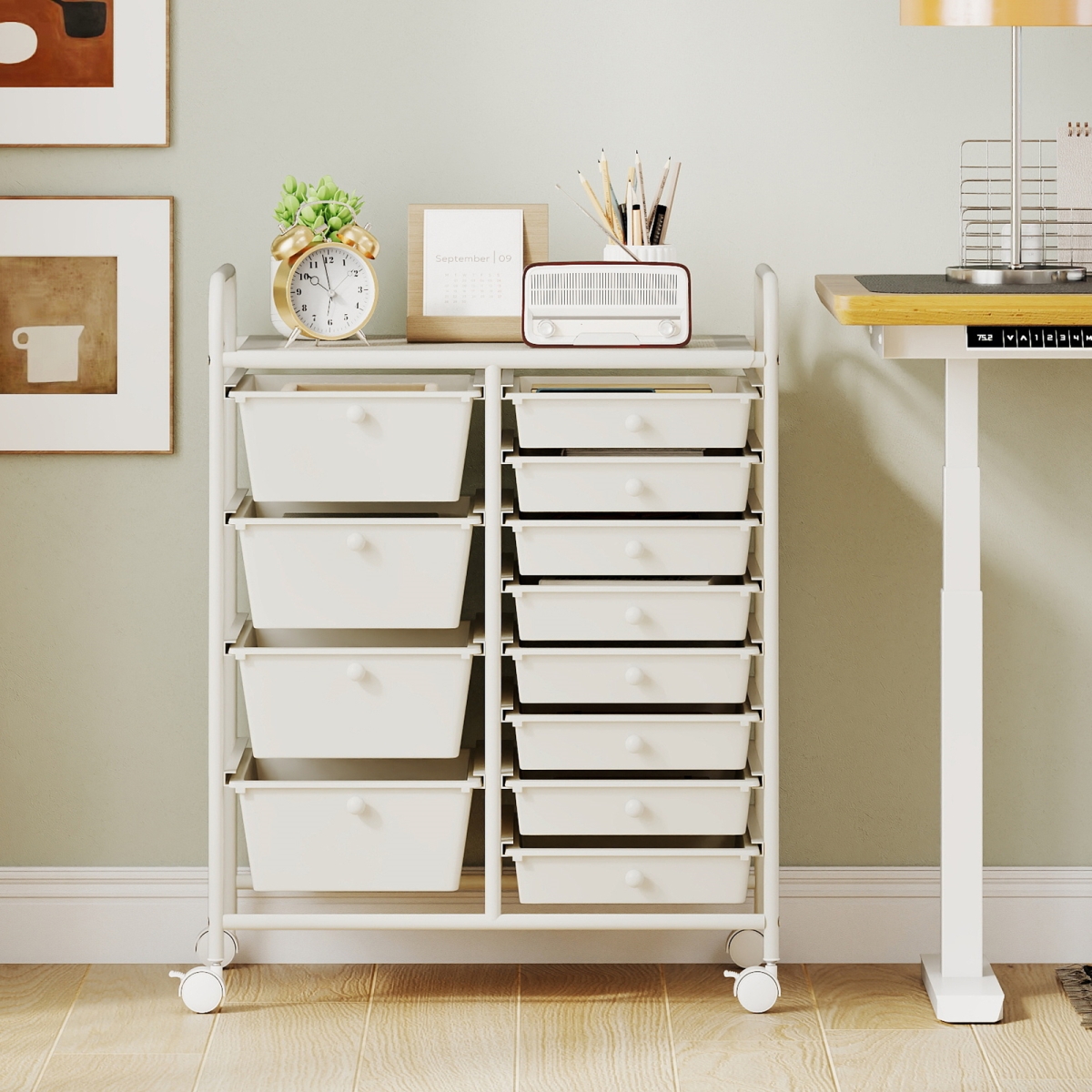 JV13939WH 12-Drawer Utility Rolling Cart with Drawers Multi-Use Storage - White