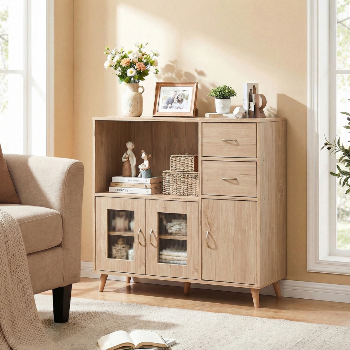 JV14050NA 36 in. Sideboard Buffet Cabinet with Open Compartment - Natural