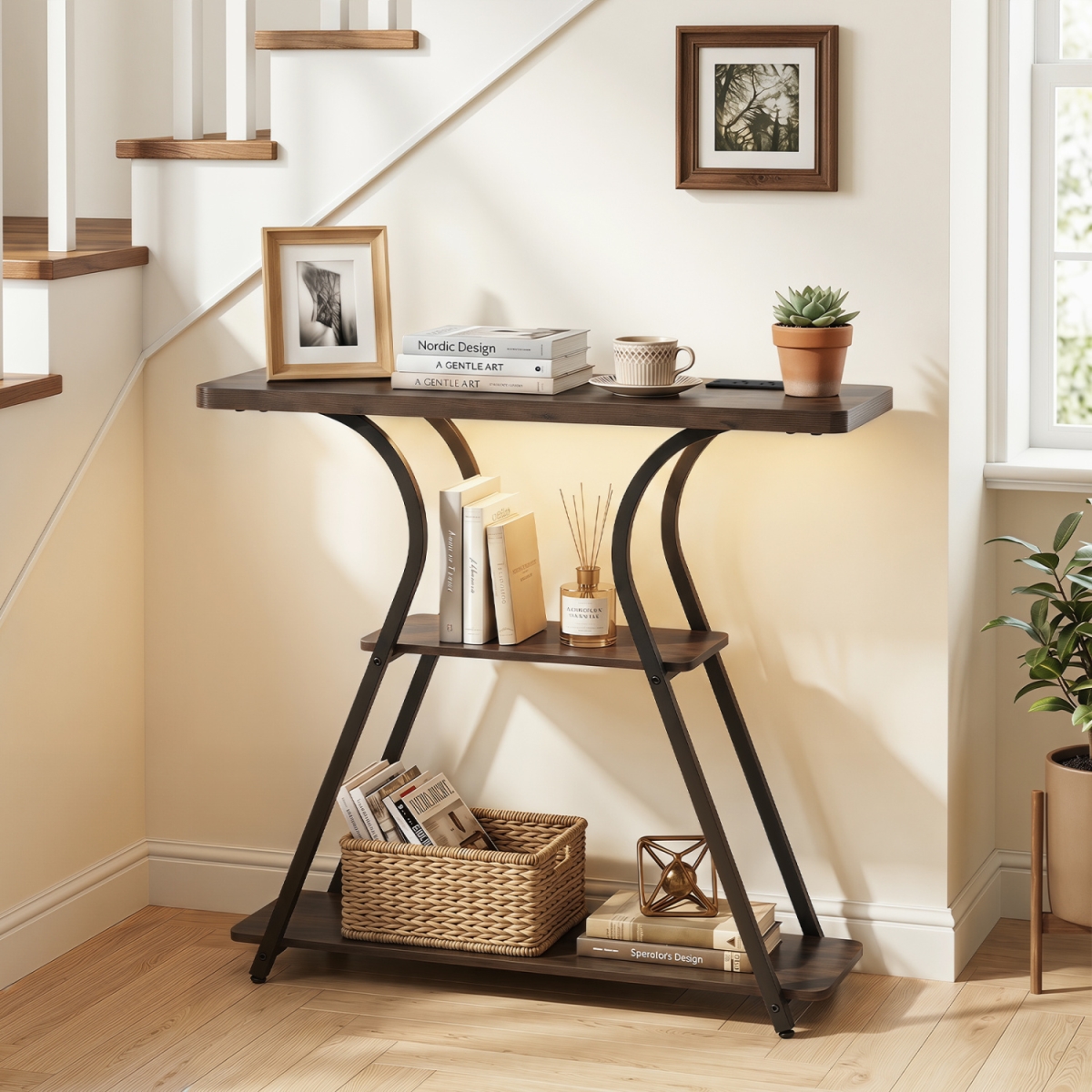 JV14145US-CF 32 in. Narrow Long Entryway Table with Power Outlets & LED Lights - Brown
